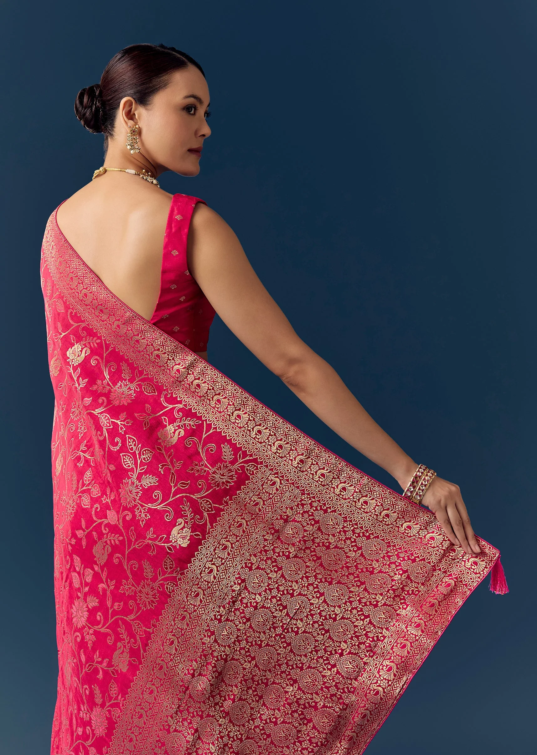 Rani Pink Dola Silk Saree with Floral Jaal Weave - Image 6