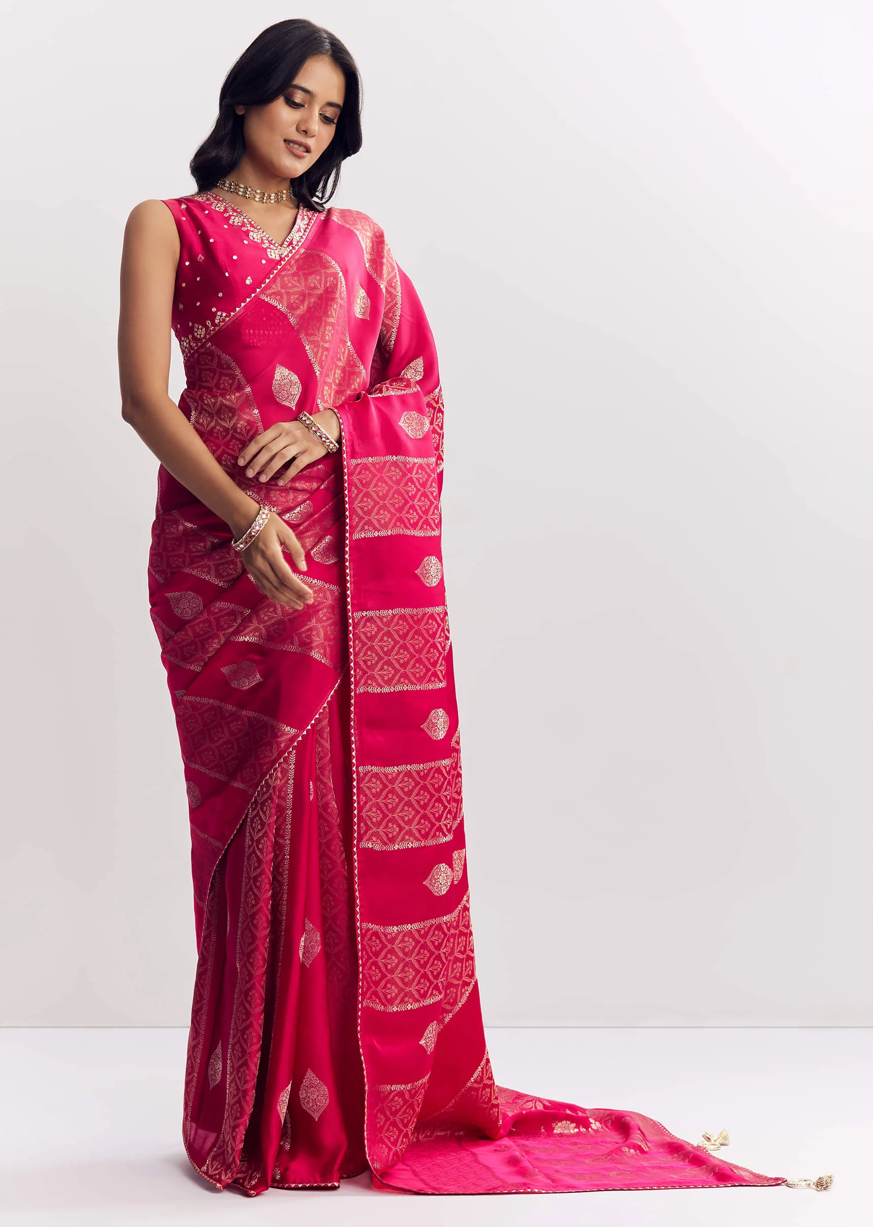 Rani Pink Dola Silk Saree With Gota Patti Woven Motif