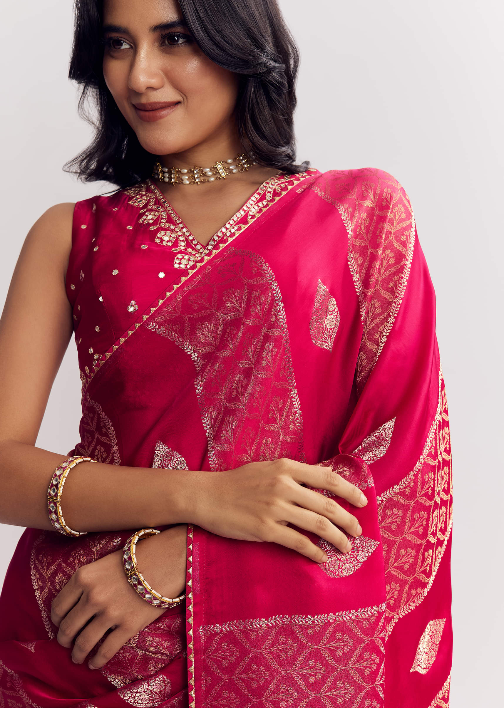 Rani Pink Dola Silk Saree With Gota Patti Woven Motif - Image 2