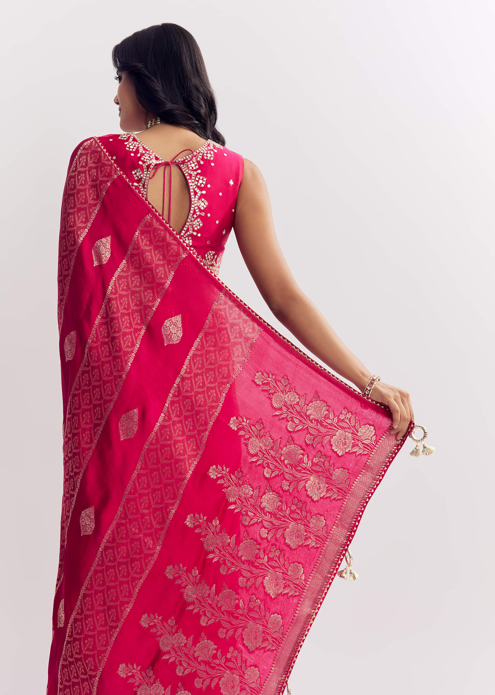 Rani Pink Dola Silk Saree With Gota Patti Woven Motif - Image 6