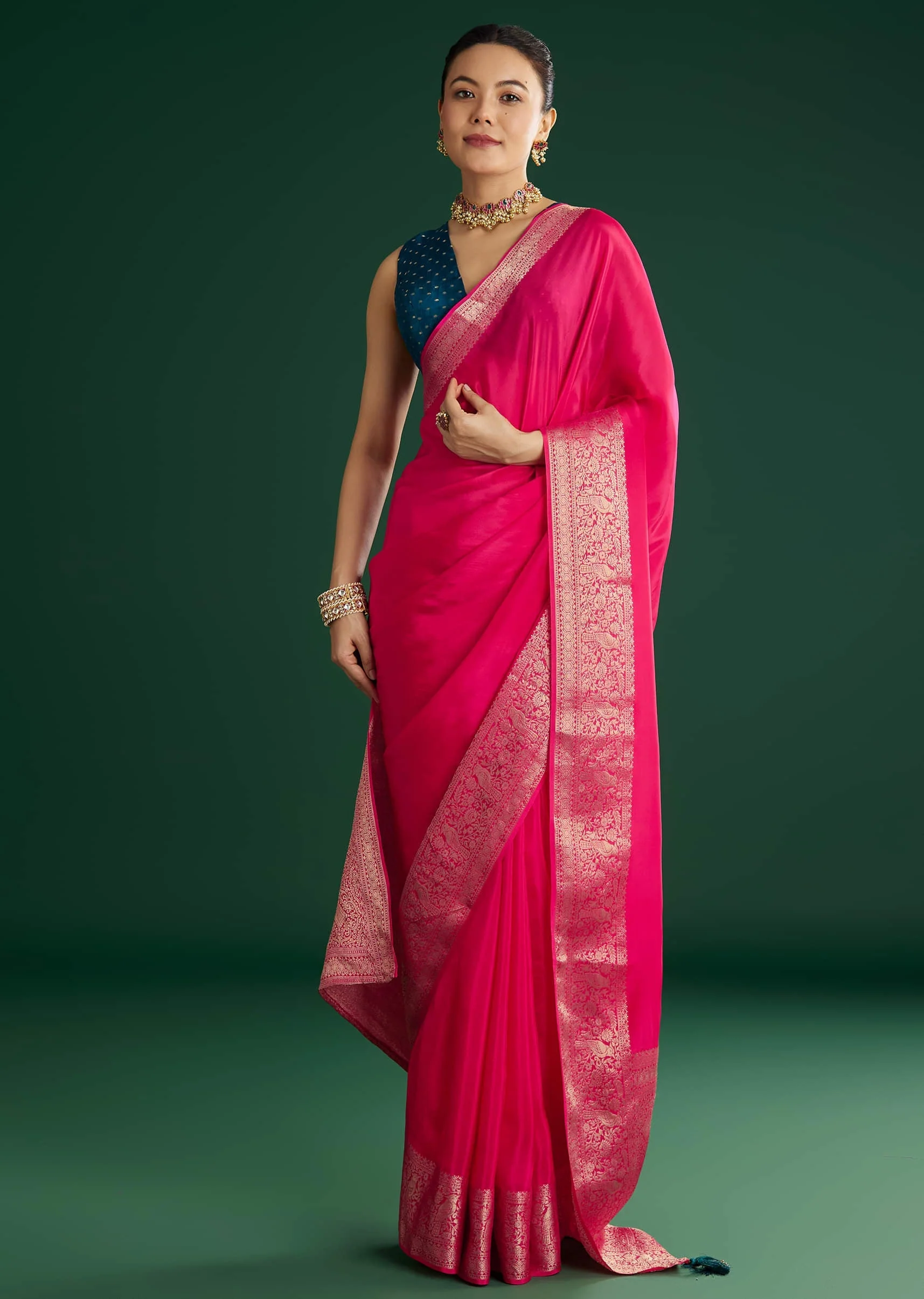 Rani Pink Dola Silk Saree With Woven Border And Pallu - Image 3