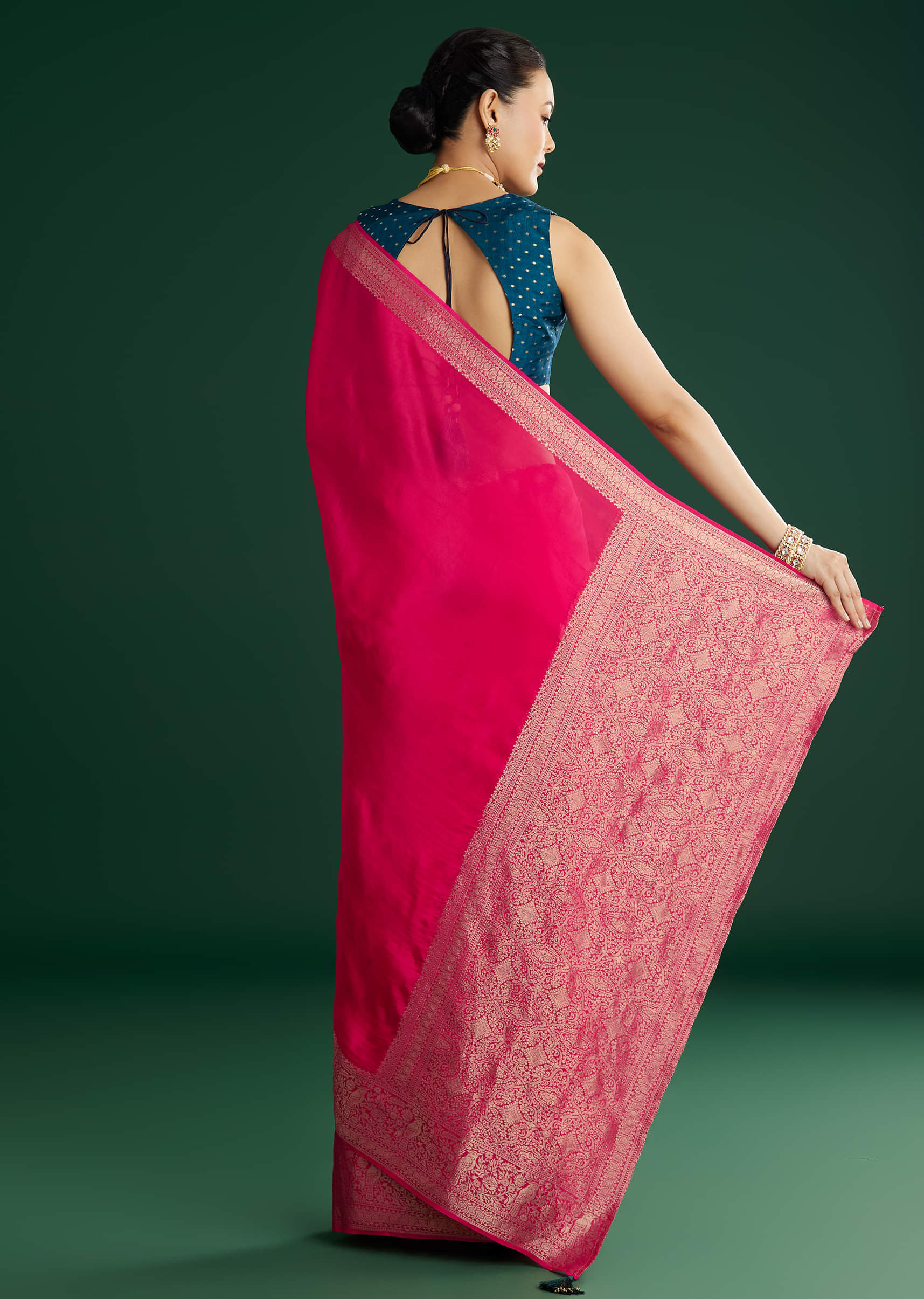 Rani Pink Dola Silk Saree With Woven Border And Pallu - Image 6