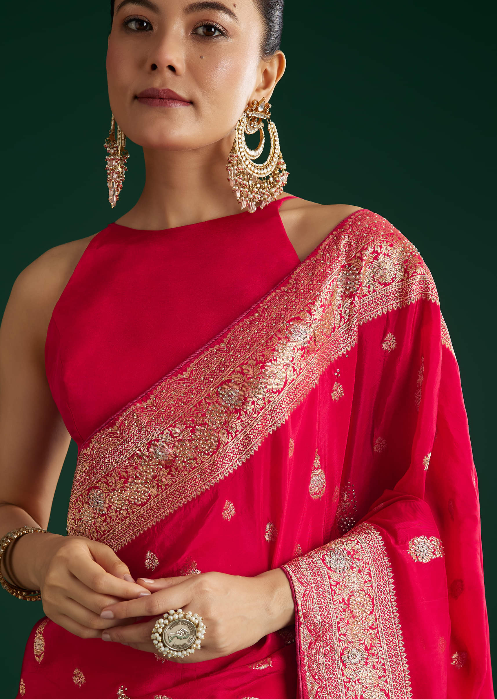 Rani Pink Dola Silk Saree With Zari And Stone Embellishments - Image 5