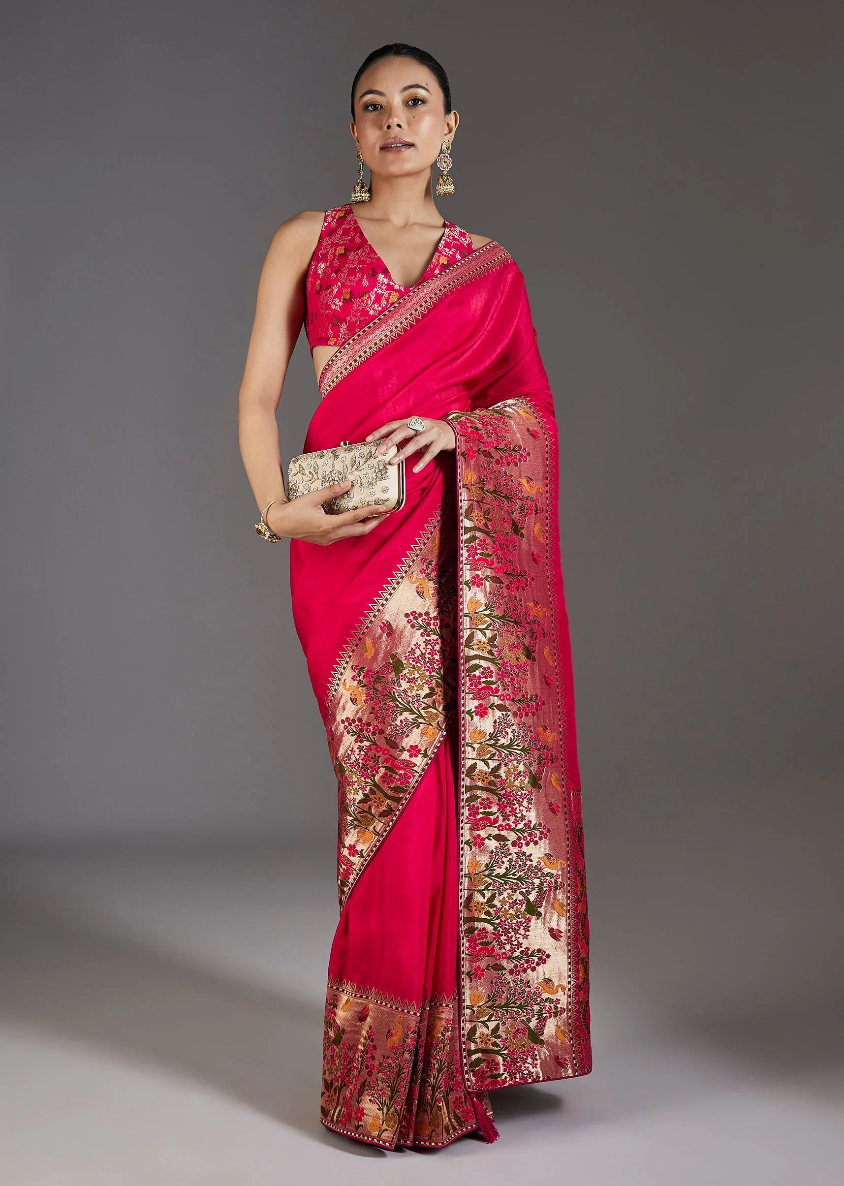 Rani Pink Dola Silk Saree With Zari Border - Image 3