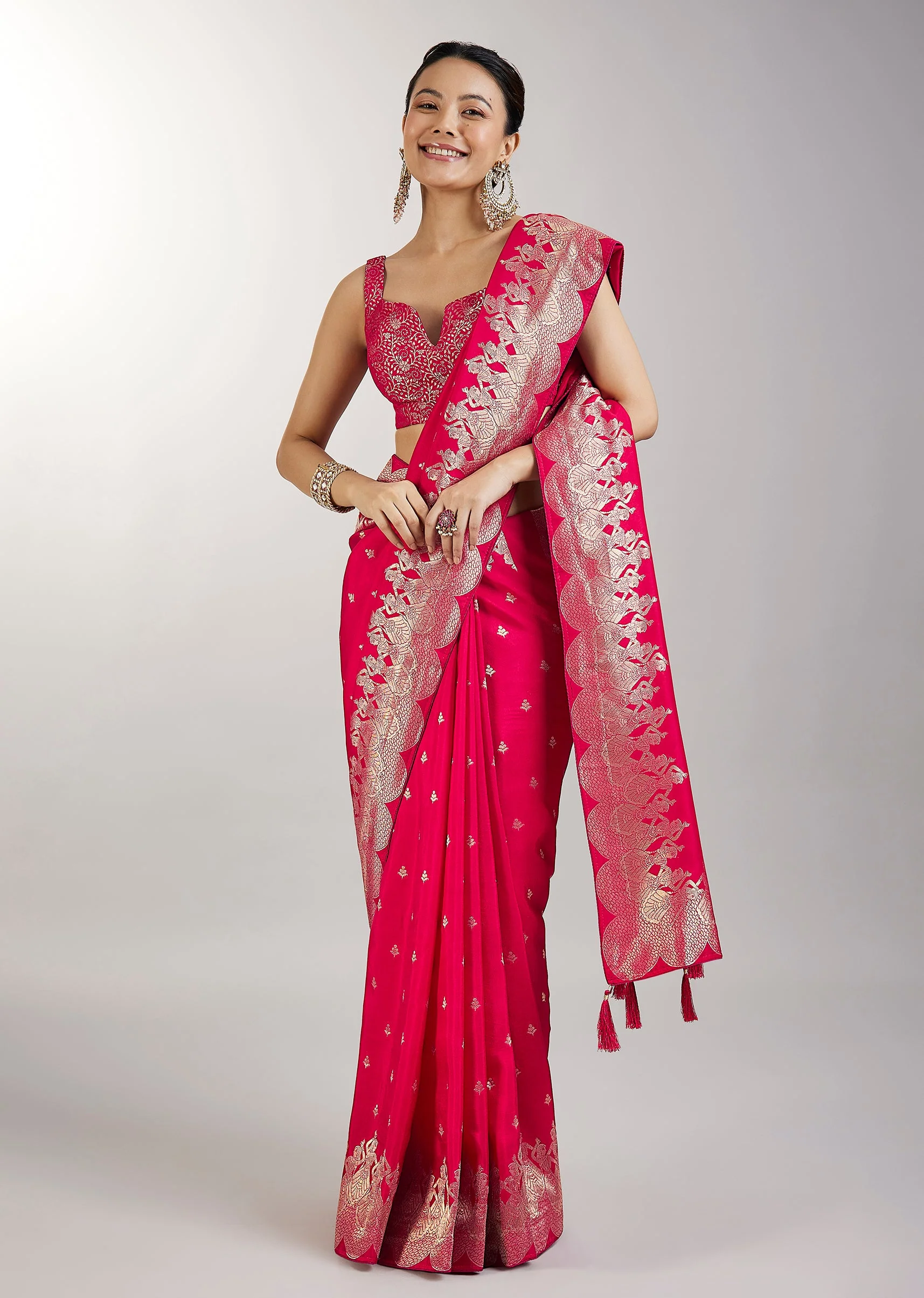 Rani Pink Dola Silk Saree With Zari Woven Butti - Image 3