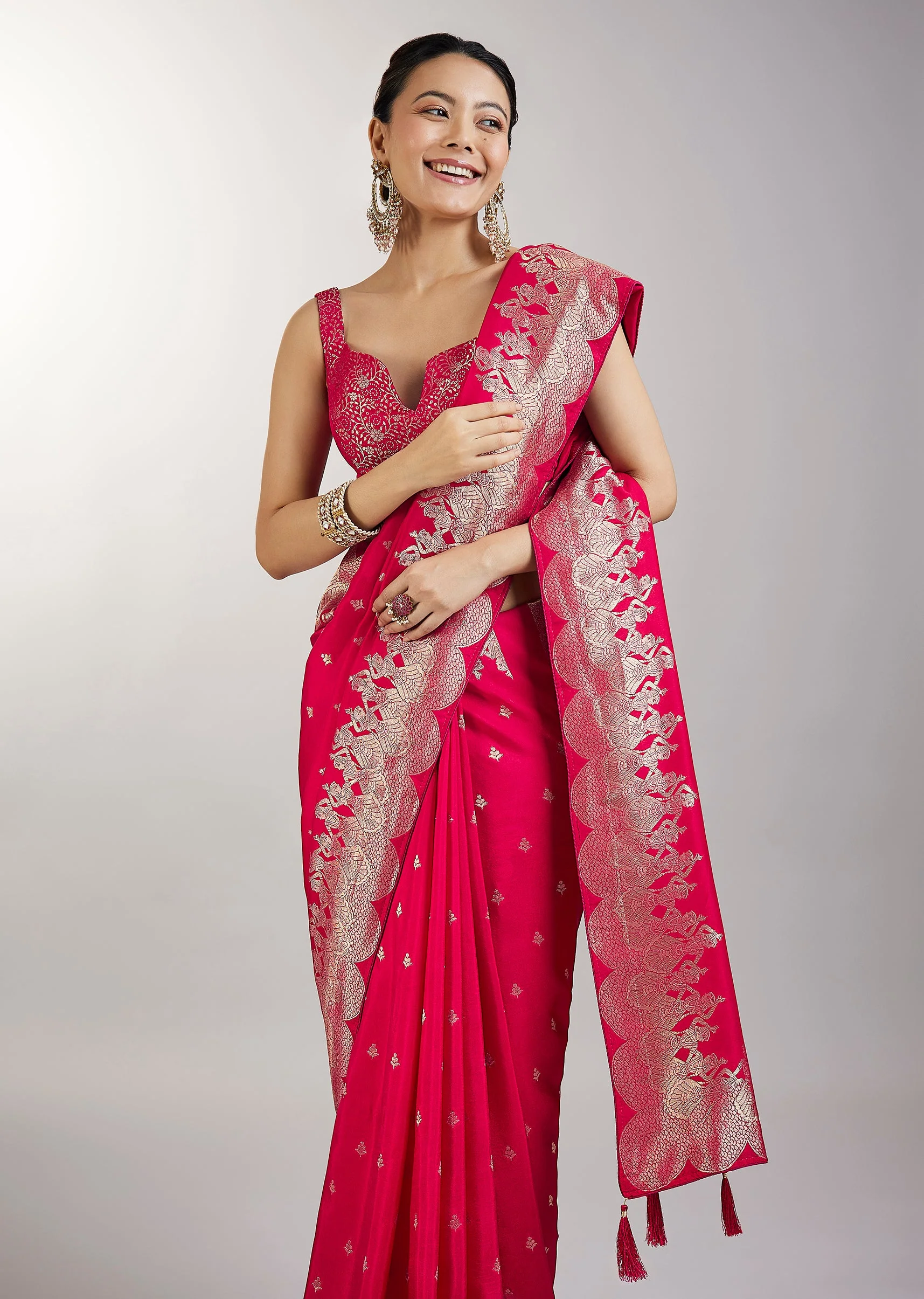 Rani Pink Dola Silk Saree With Zari Woven Butti - Image 5