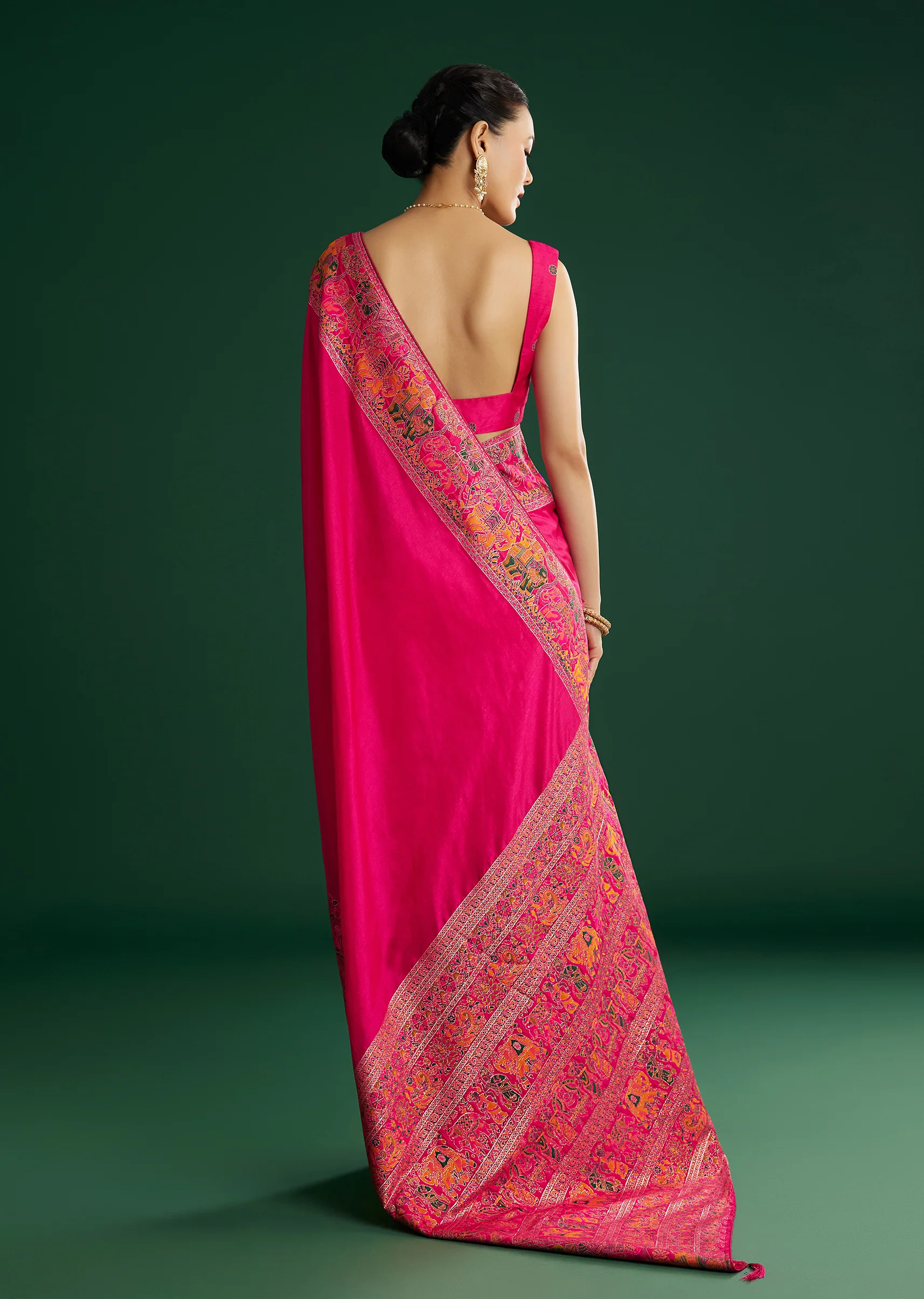 Rani Pink Dola Silk Woven Saree With Floral And Animal Prints - Image 6