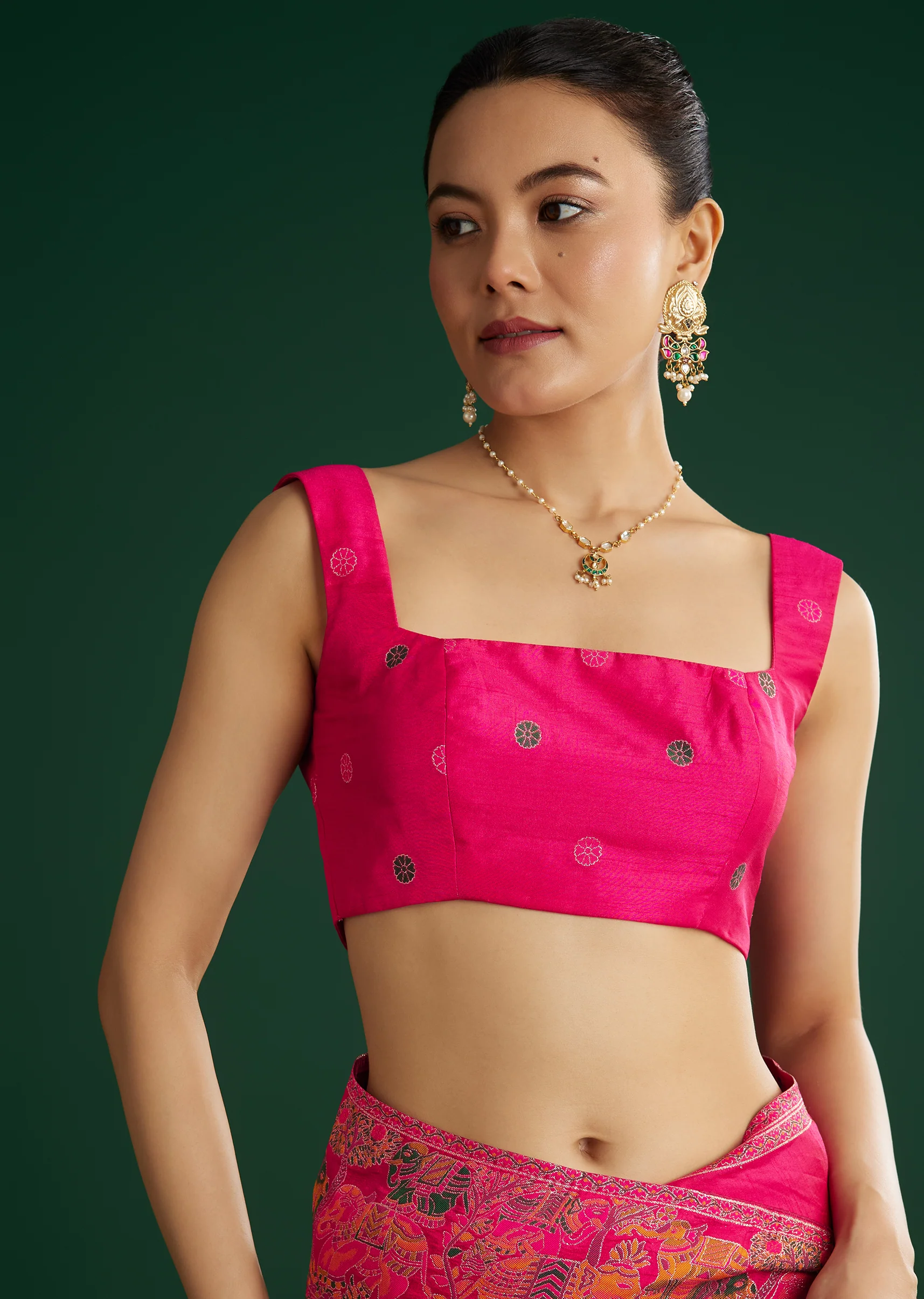 Rani Pink Dola Silk Woven Saree With Floral And Animal Prints - Image 8
