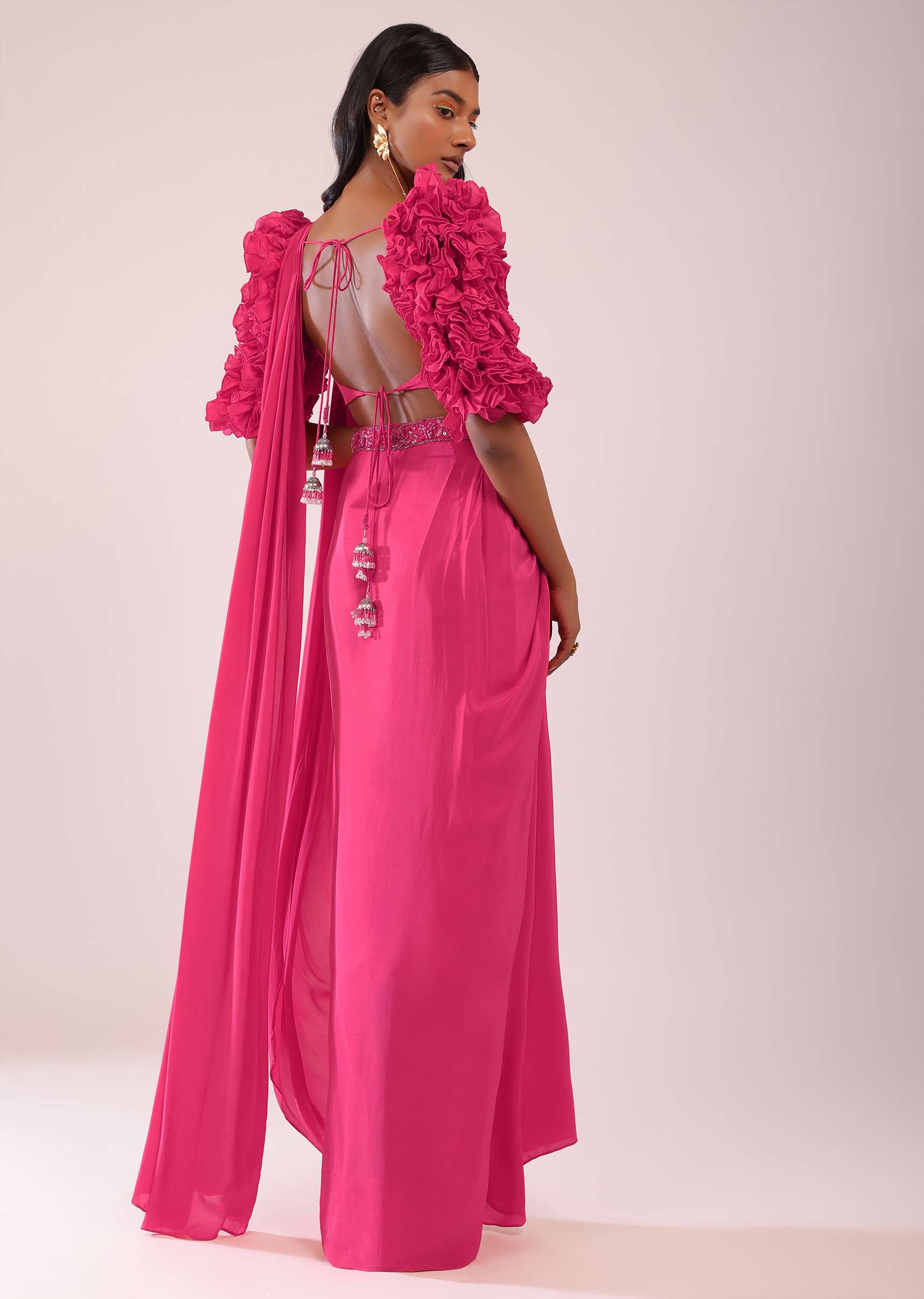 Rani Pink Drape Saree With Fancy Blouse In Crepe - Image 6