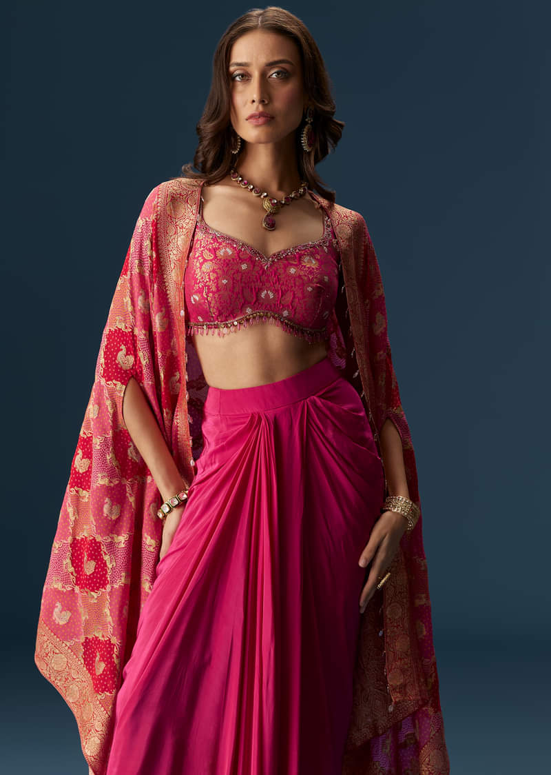 Rani Pink Embellished Blouse And Drape Skirt Set With Statement Cape - Image 5