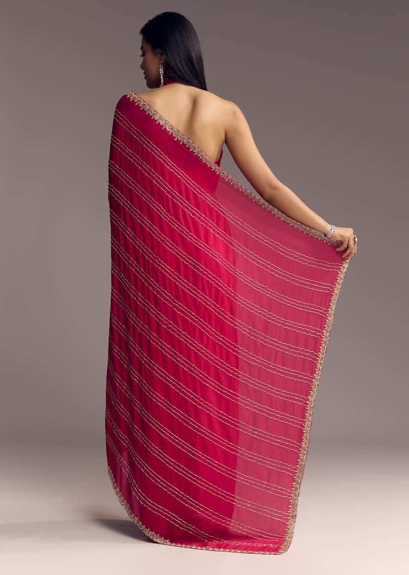 Rani Pink Embroidered Chinon Saree With Cut Dana - Image 3