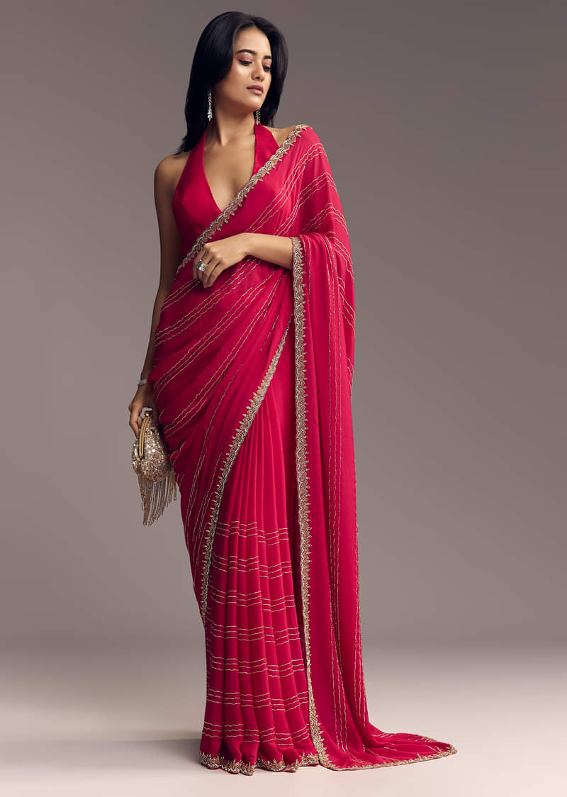 Rani Pink Embroidered Chinon Saree With Cut Dana - Image 4