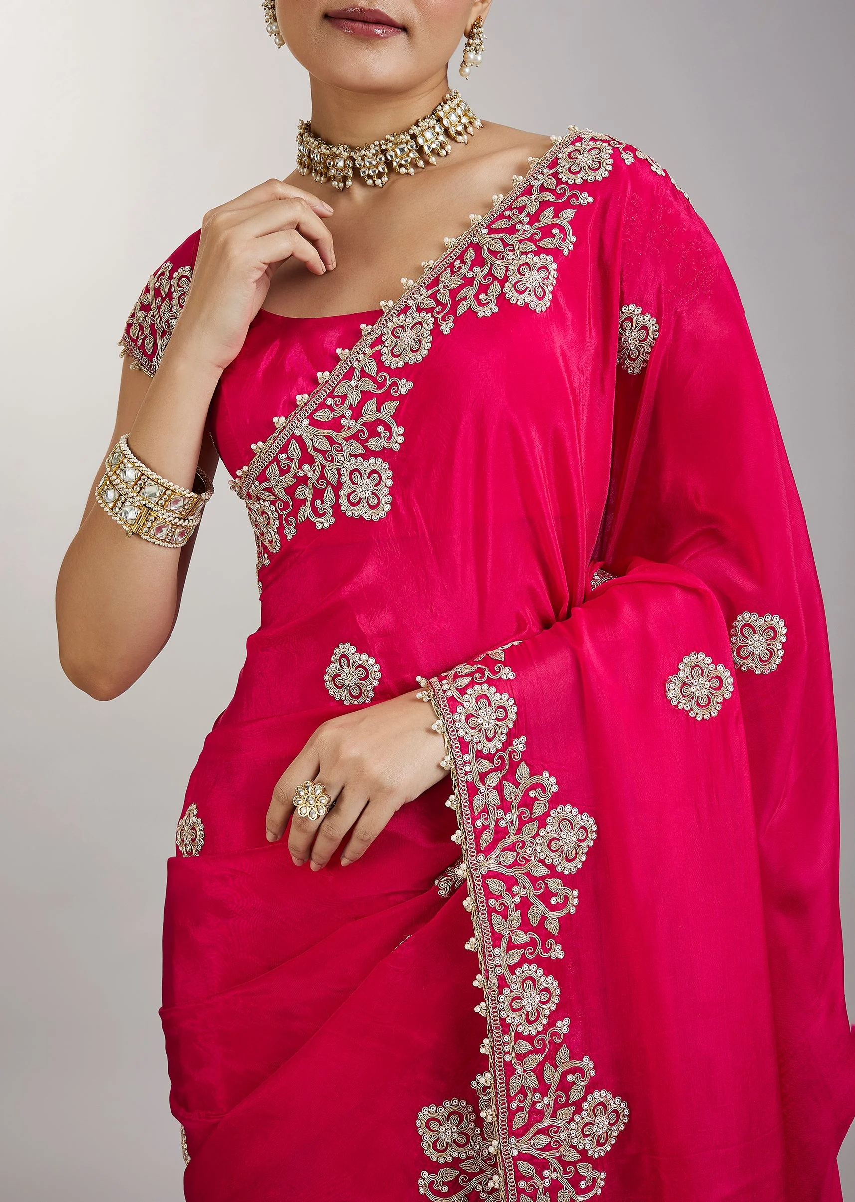 Rani Pink Embroidered Crepe Saree - Image 2