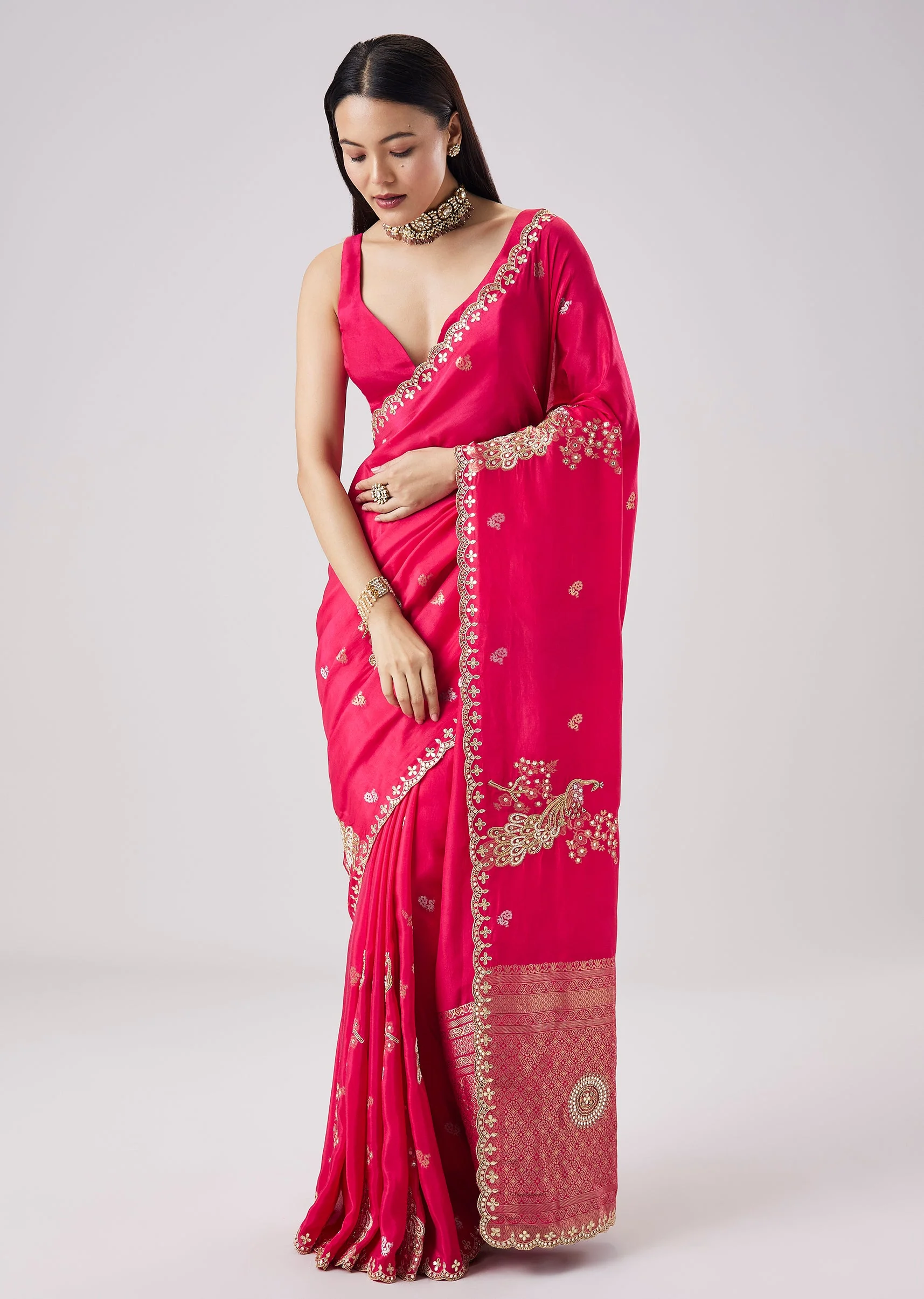 Rani Pink Embroidered Motif Saree With Unstitched Blouse