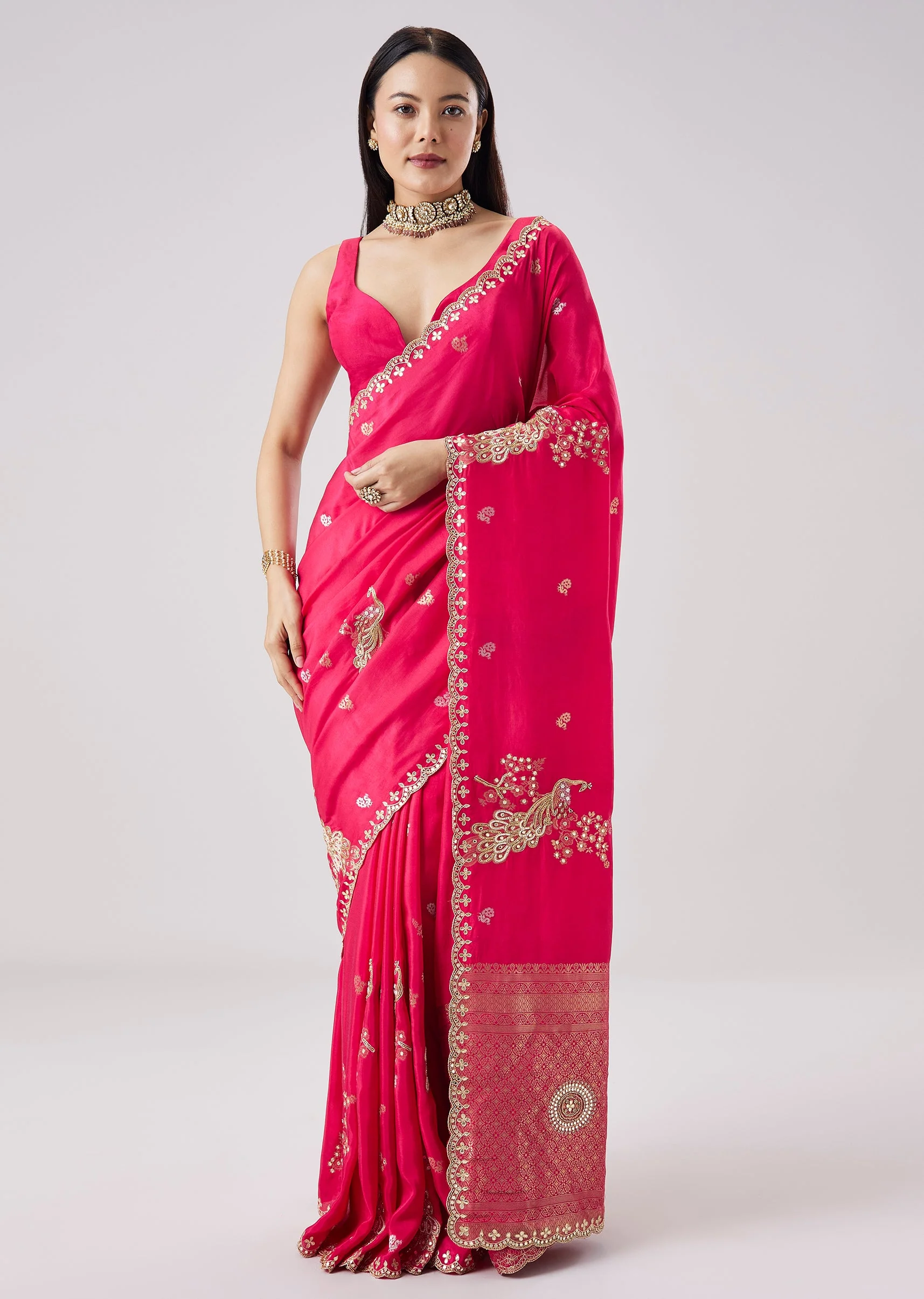 Rani Pink Embroidered Motif Saree With Unstitched Blouse - Image 3