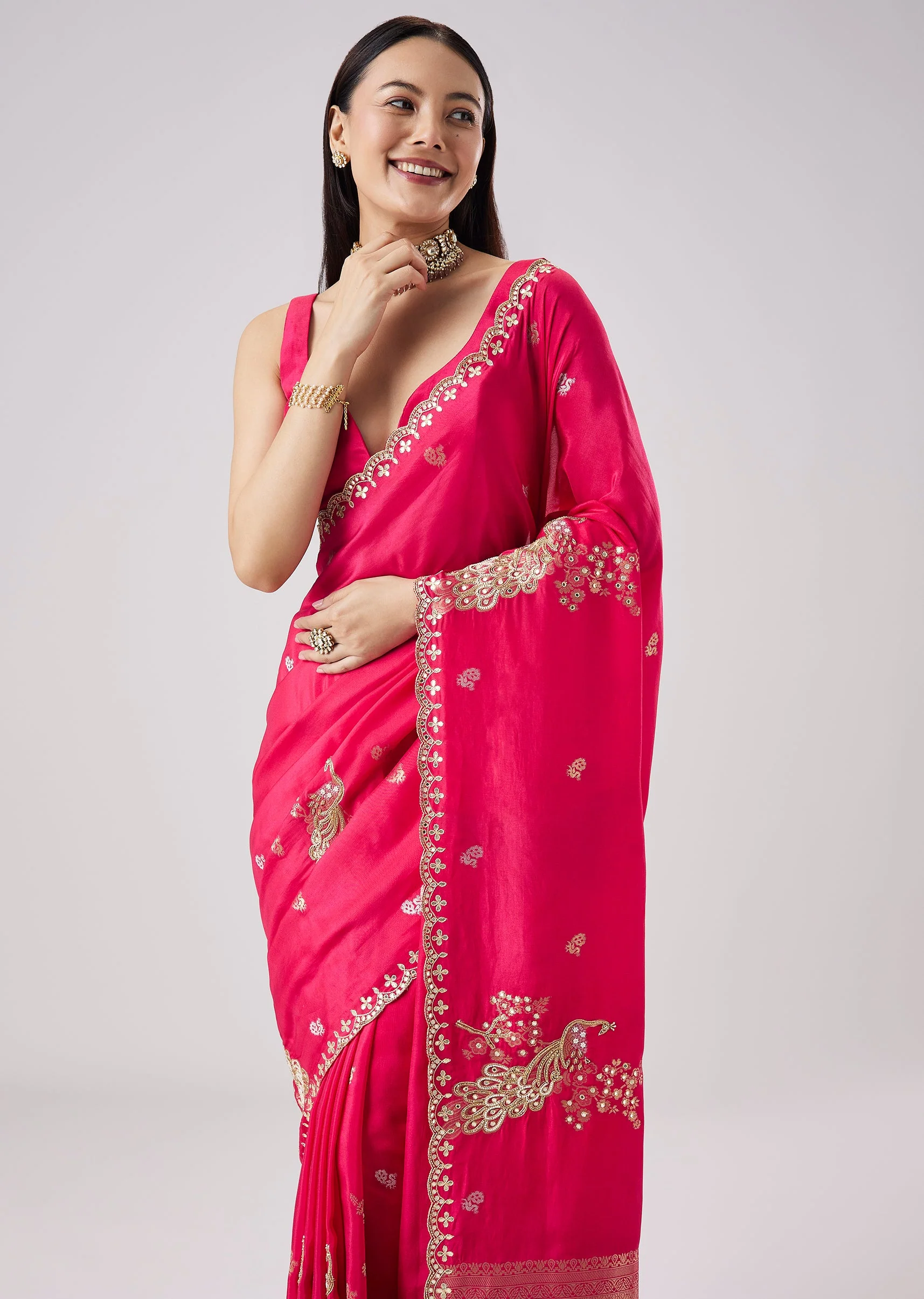 Rani Pink Embroidered Motif Saree With Unstitched Blouse - Image 5