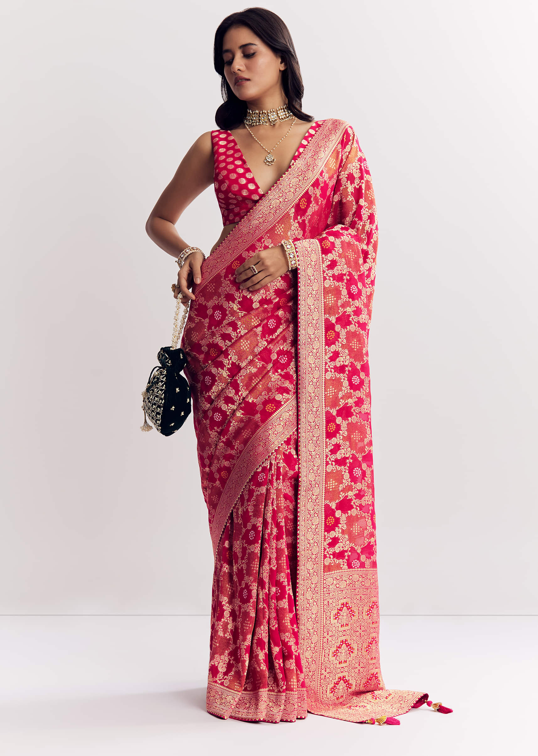 Rani Pink Georgette Saree With Zari Jaal Work - Image 3