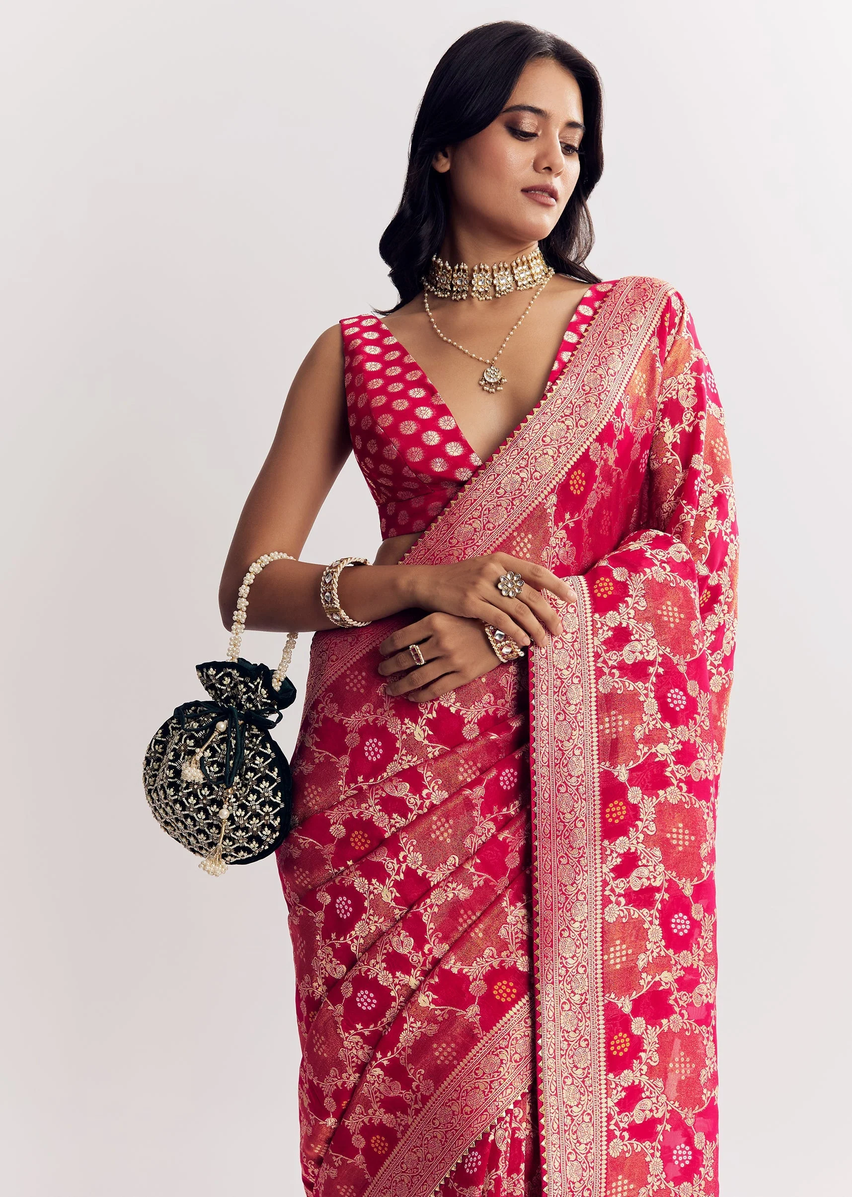 Rani Pink Georgette Saree With Zari Jaal Work - Image 5