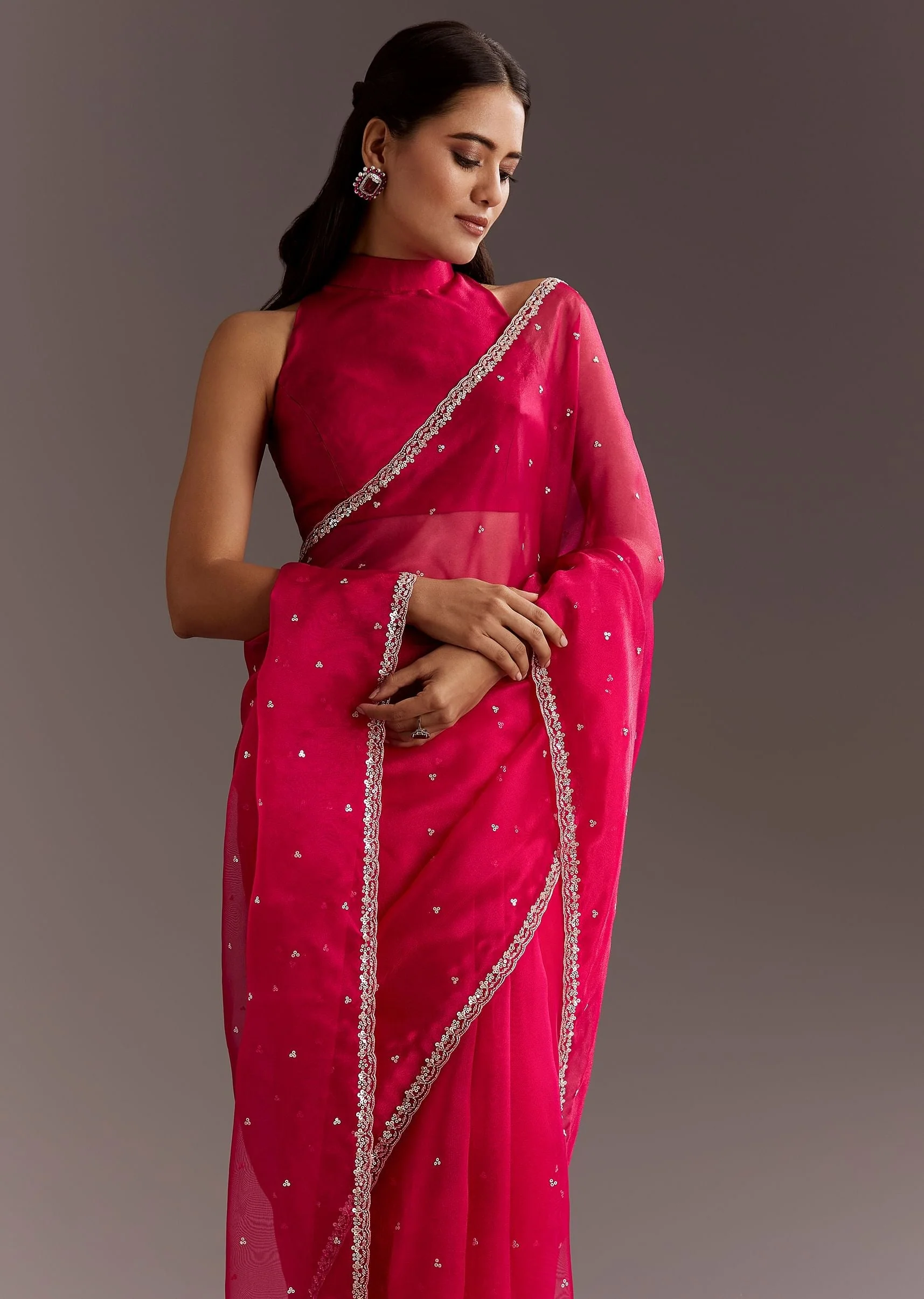 Rani Pink Glass Tissue Saree With Cutdana And Sequins Scallop Border - Image 3
