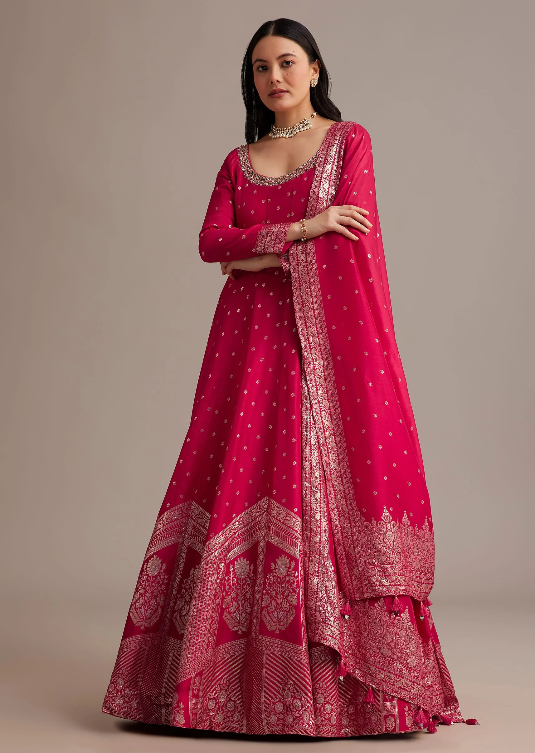 Rani Pink Gold Weave Anarkali Set With Banarasi Dupatta