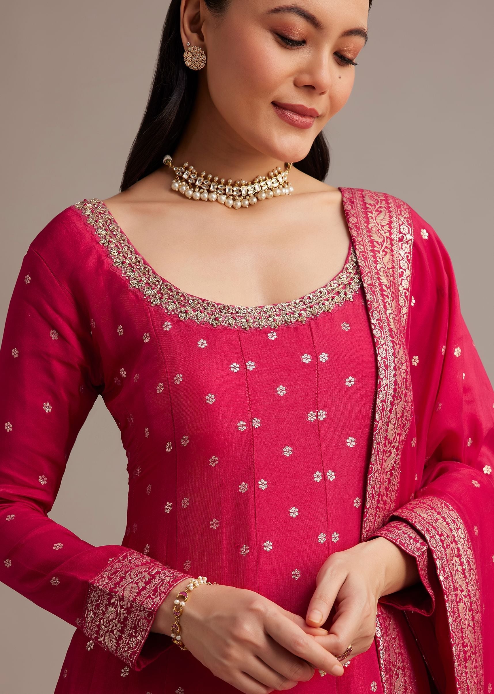 Rani Pink Gold Weave Anarkali Set With Banarasi Dupatta - Image 2