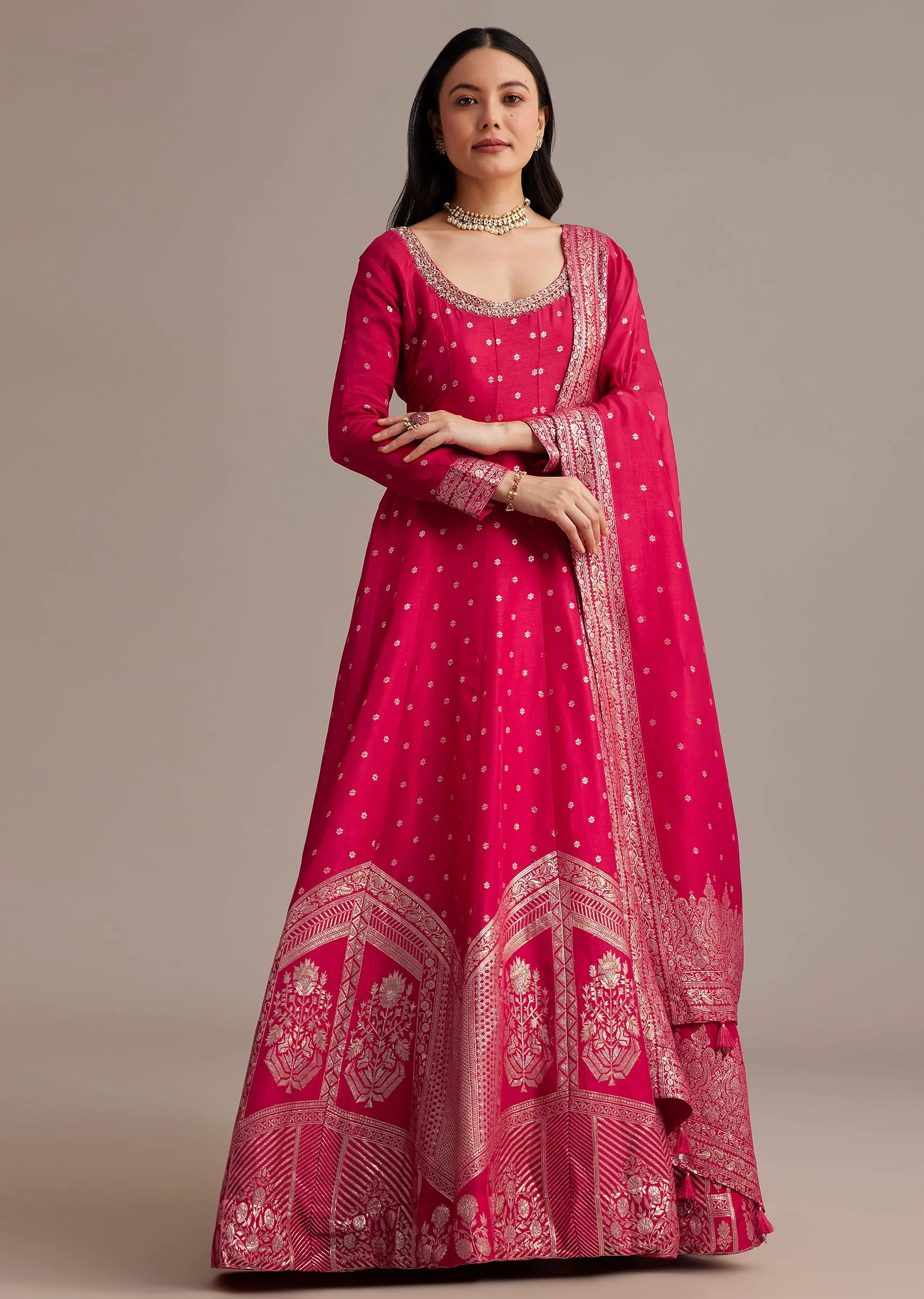 Rani Pink Gold Weave Anarkali Set With Banarasi Dupatta - Image 3