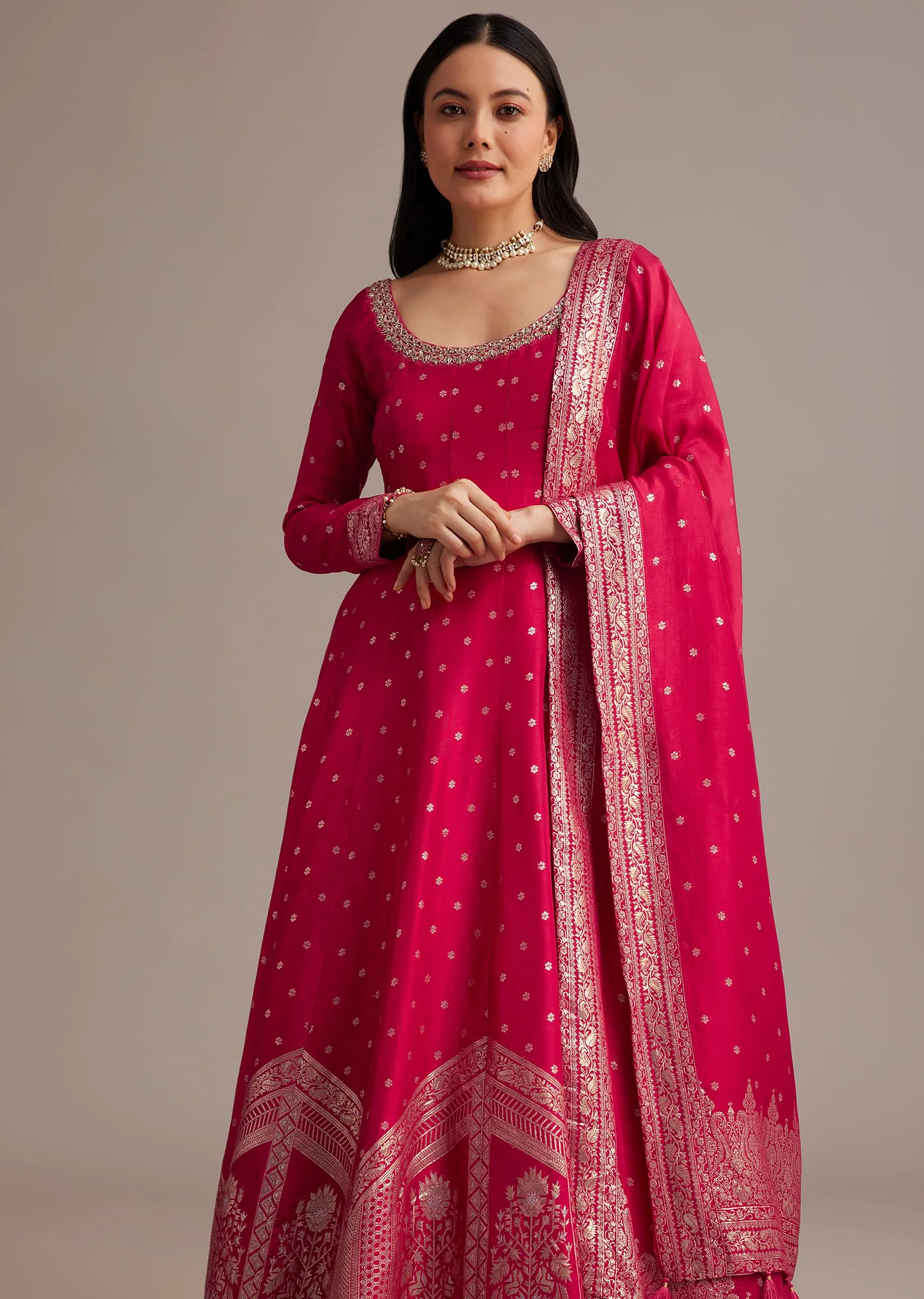 Rani Pink Gold Weave Anarkali Set With Banarasi Dupatta - Image 4