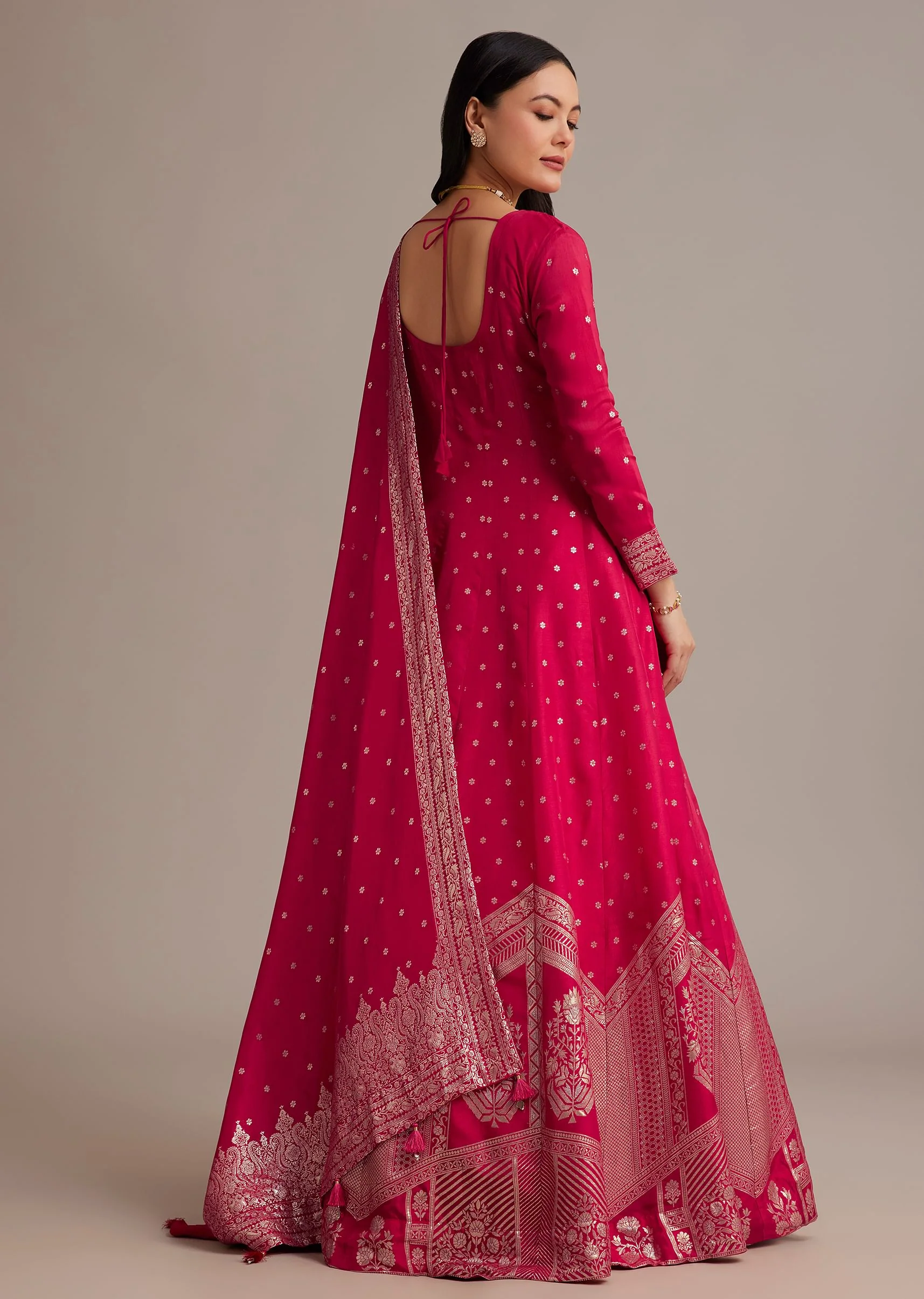 Rani Pink Gold Weave Anarkali Set With Banarasi Dupatta - Image 5