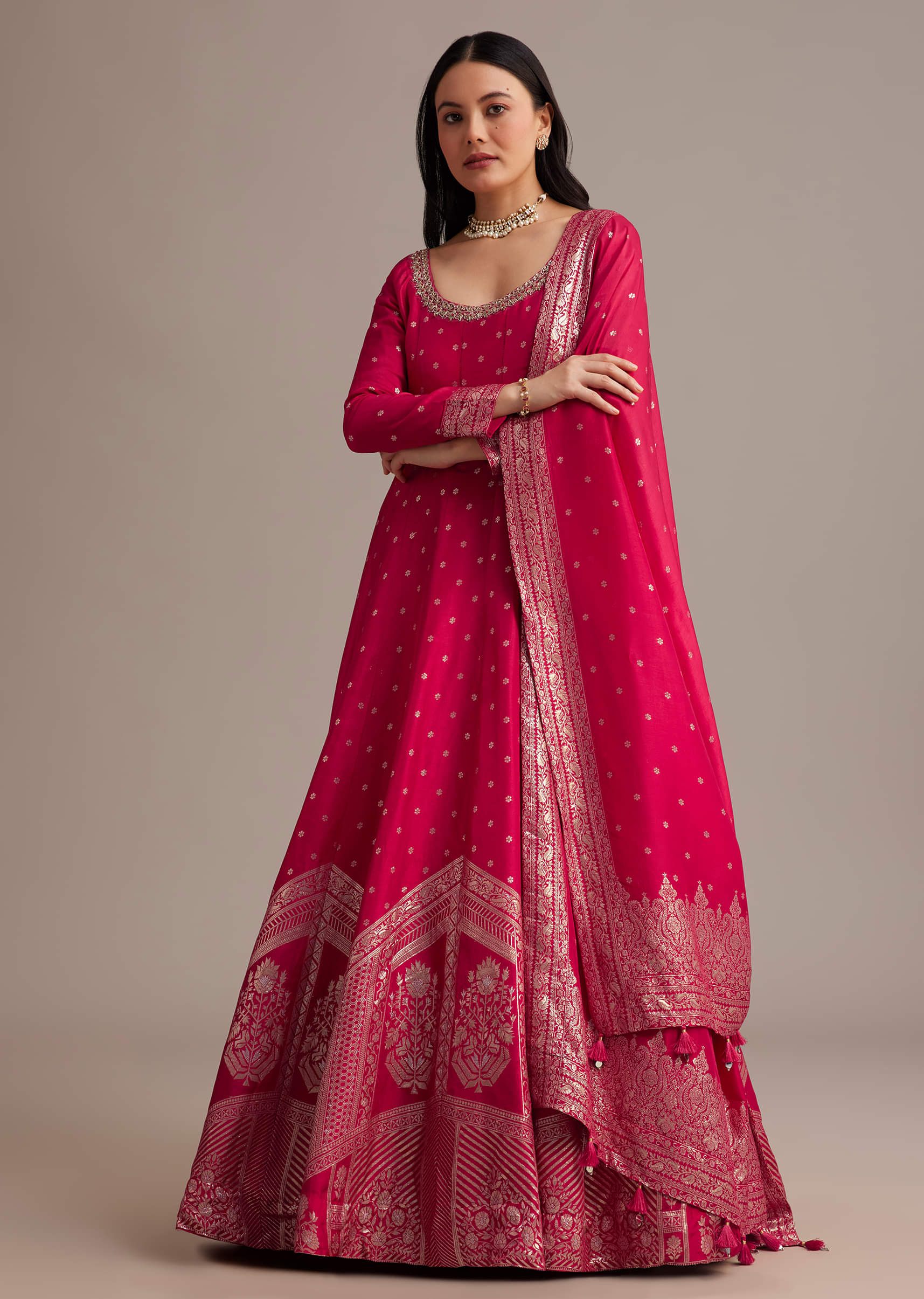 Rani Pink Gold Weave Anarkali Set With Banarasi Dupatta - Image 6