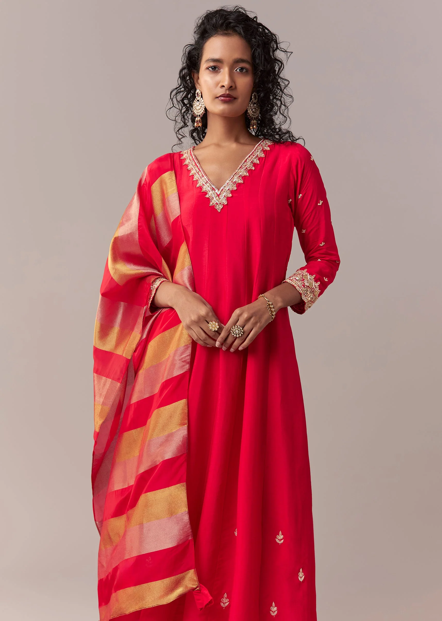Rani Pink Gotta & Zardosi Anarkali Set With Dupatta - Image 4