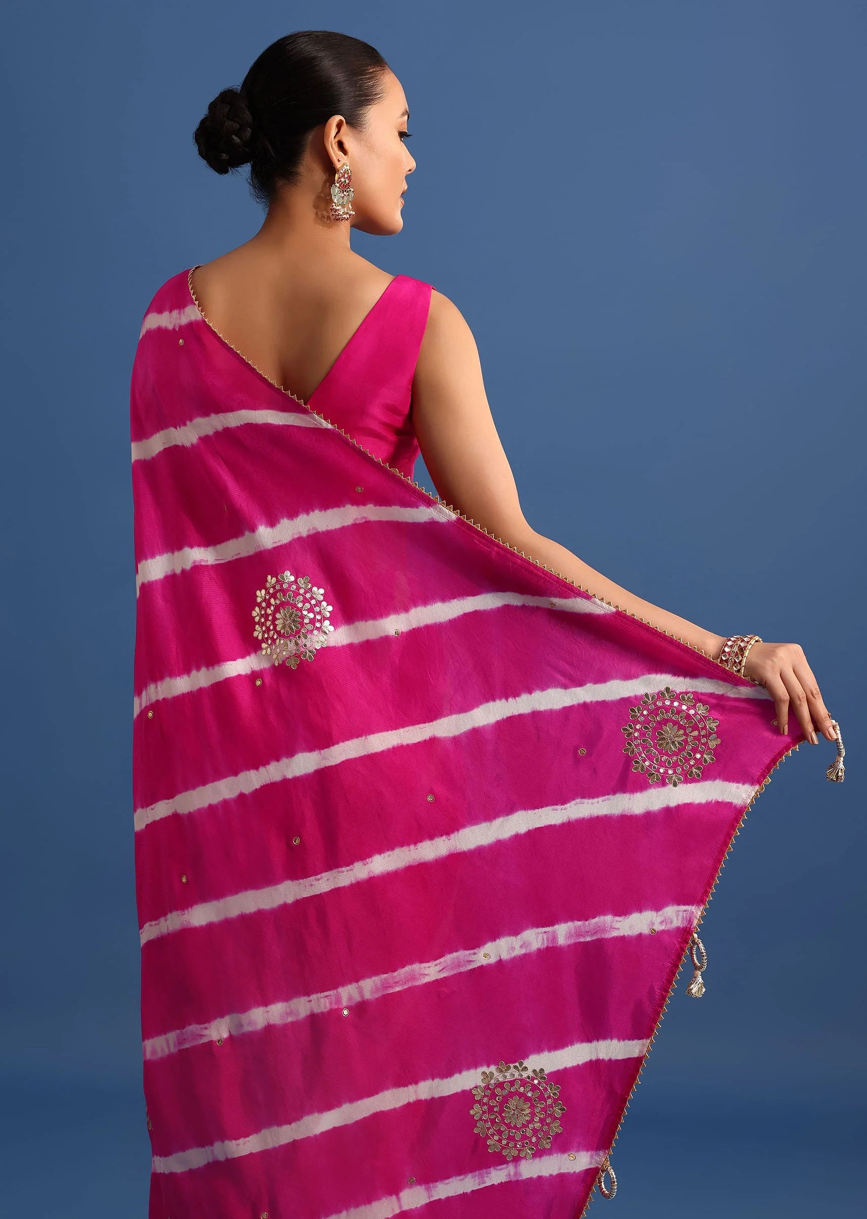 Rani Pink Hand Dyed Lehriya Silk Saree With Gota Patti Work - Image 6