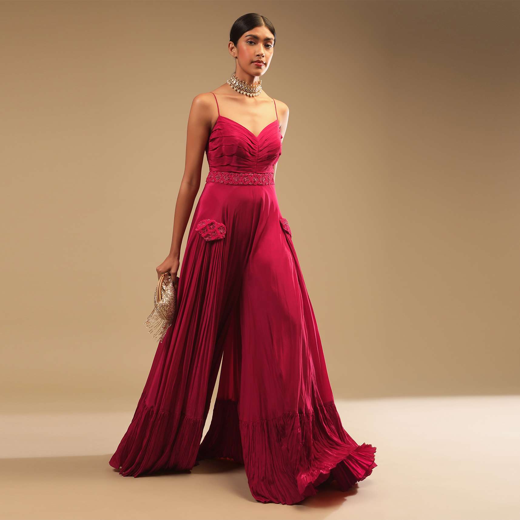 Rani Pink Jumpsuit In Crepe With Tiered Flare, Pleated Bodice And 3D Embroidered Belt And Pocket Detail - Image 2