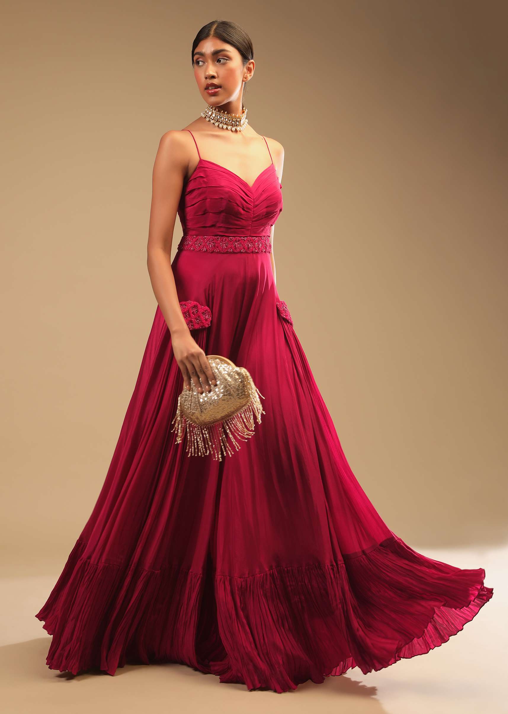 Rani Pink Jumpsuit In Crepe With Tiered Flare, Pleated Bodice And 3D Embroidered Belt And Pocket Detail - Image 3