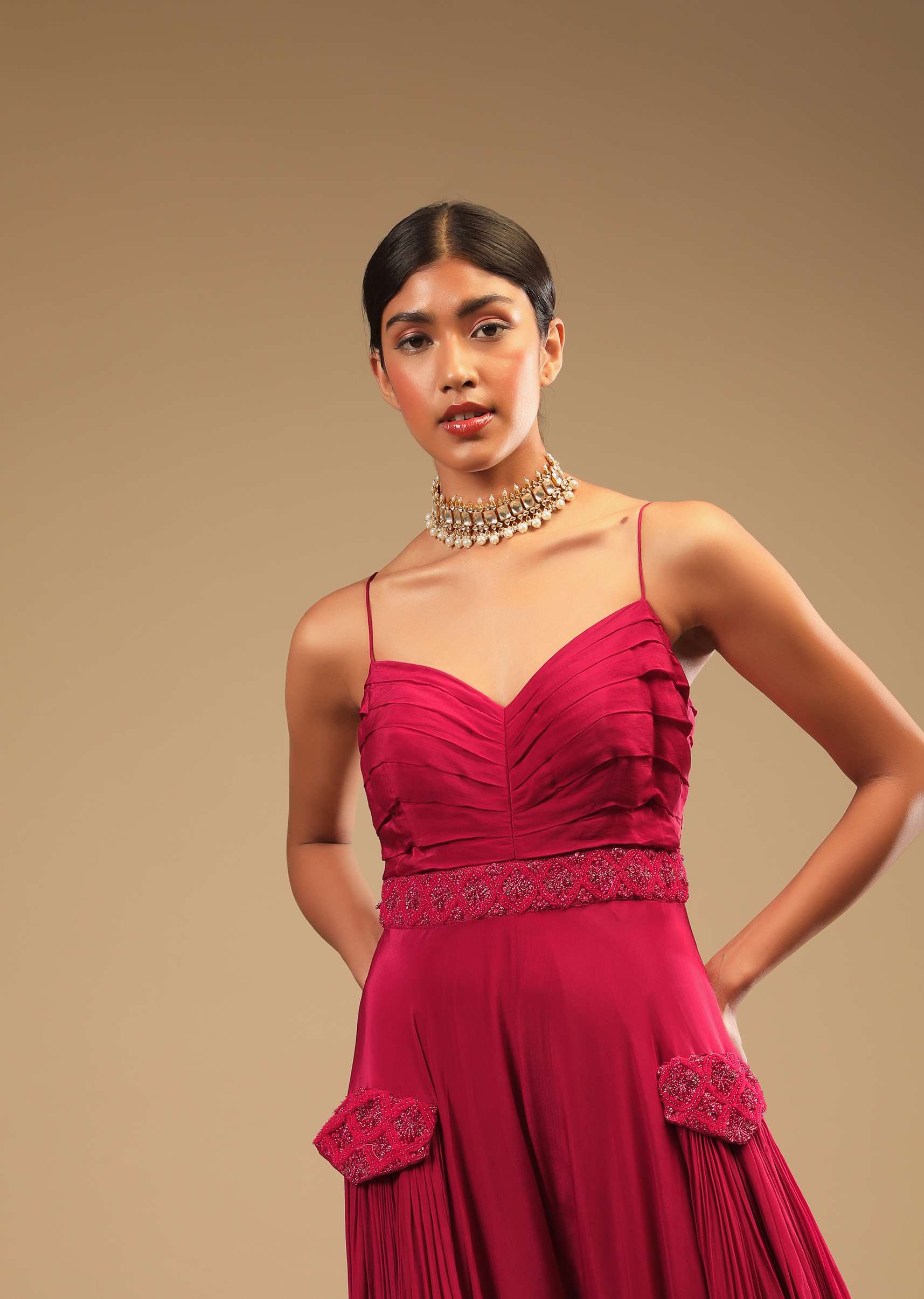 Rani Pink Jumpsuit In Crepe With Tiered Flare, Pleated Bodice And 3D Embroidered Belt And Pocket Detail - Image 4