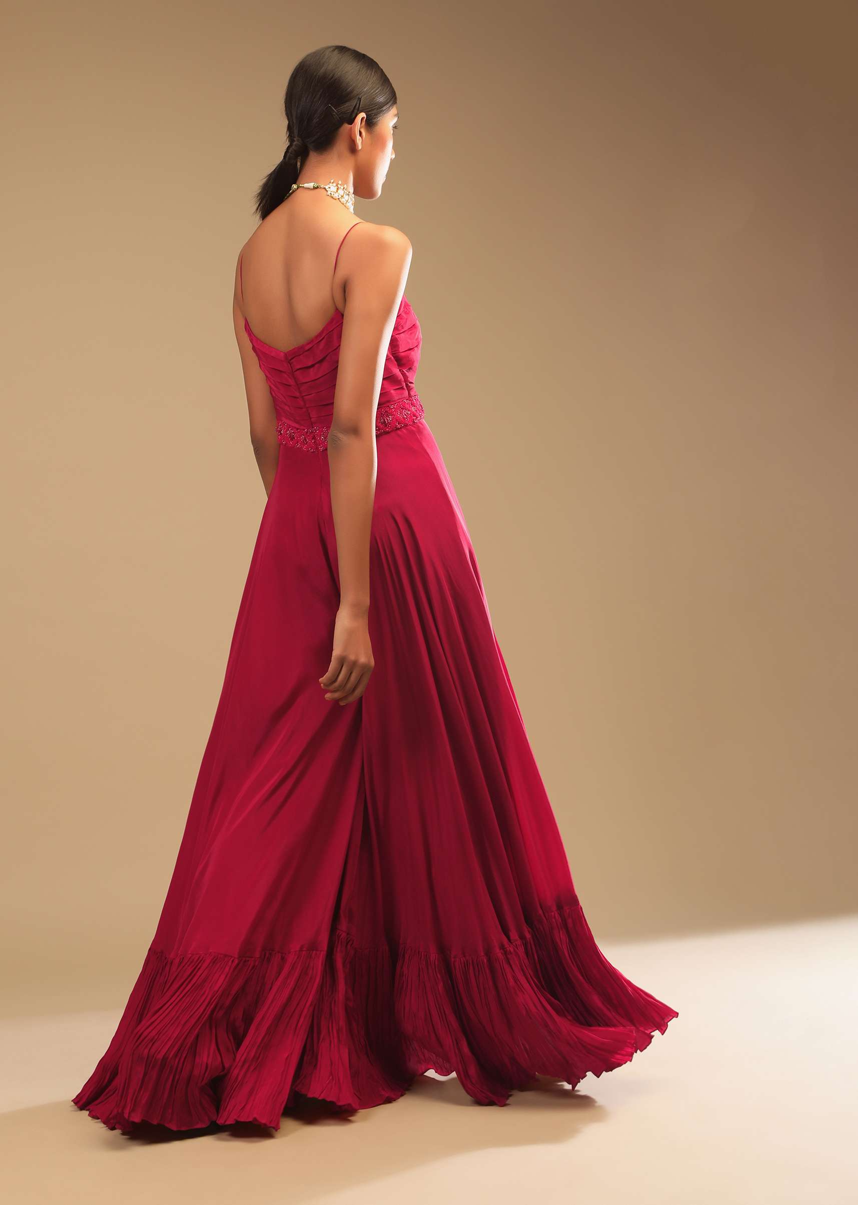 Rani Pink Jumpsuit In Crepe With Tiered Flare, Pleated Bodice And 3D Embroidered Belt And Pocket Detail - Image 5