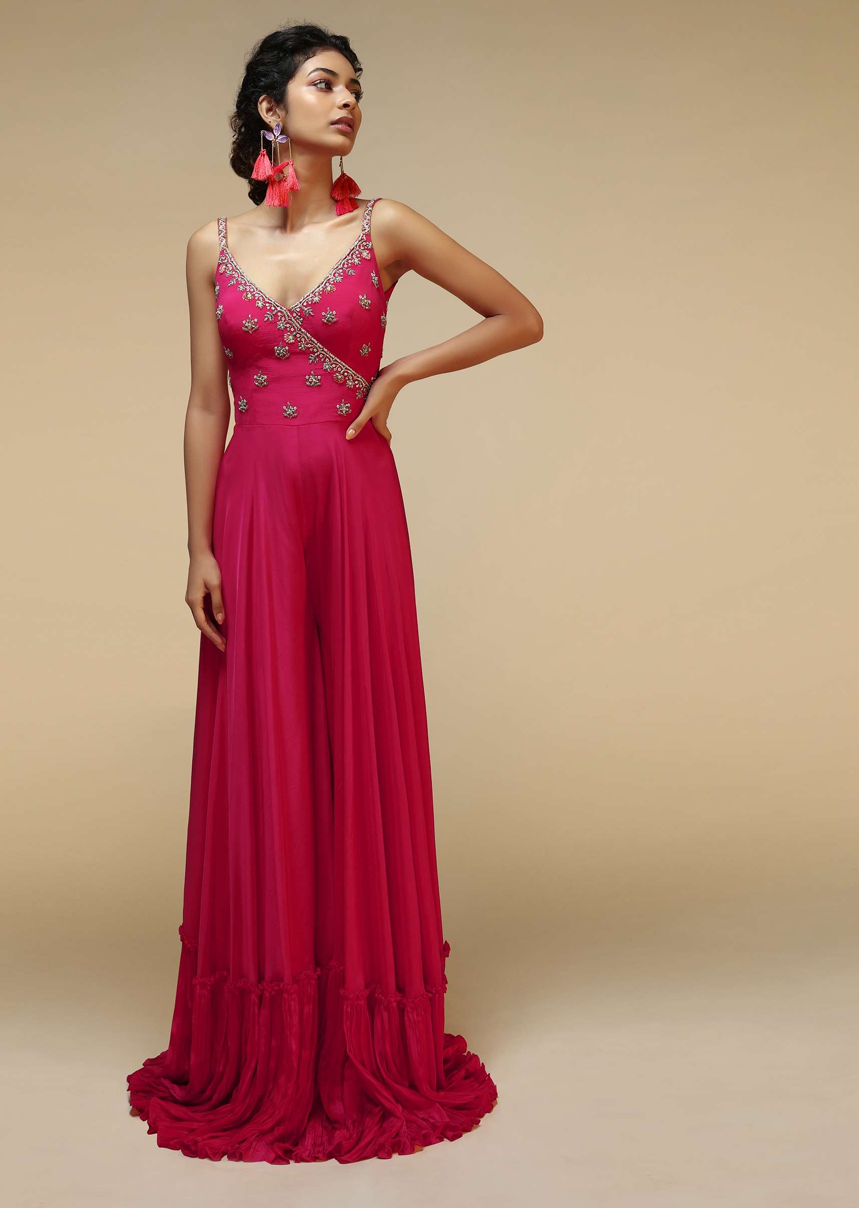 Rani Pink Jumpsuit With An Overlapping Neckline Adorned In Hand Embroidered Buttis Using Cut Dana And Sequins - Image 4
