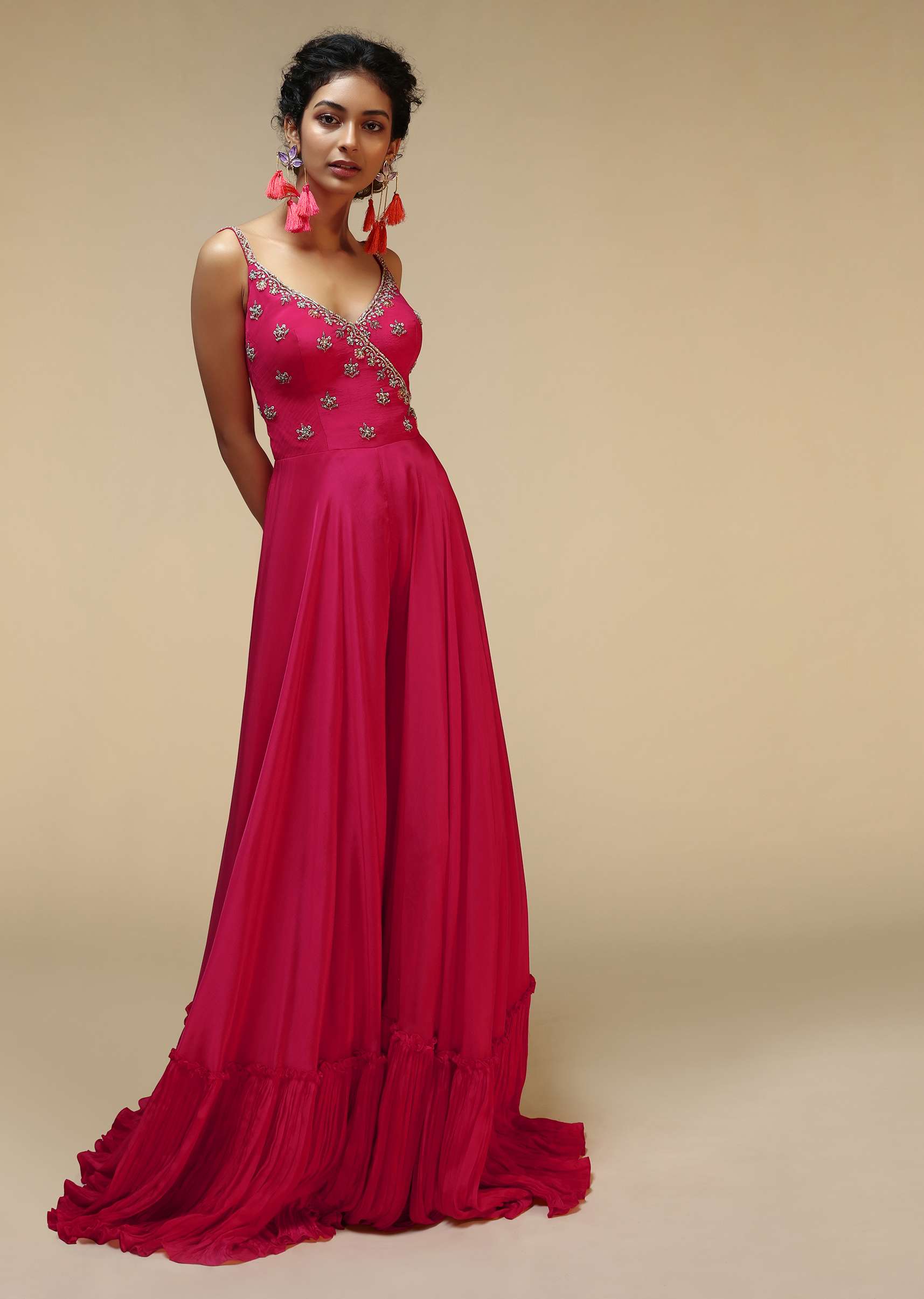 Rani Pink Jumpsuit With An Overlapping Neckline Adorned In Hand Embroidered Buttis Using Cut Dana And Sequins - Image 5