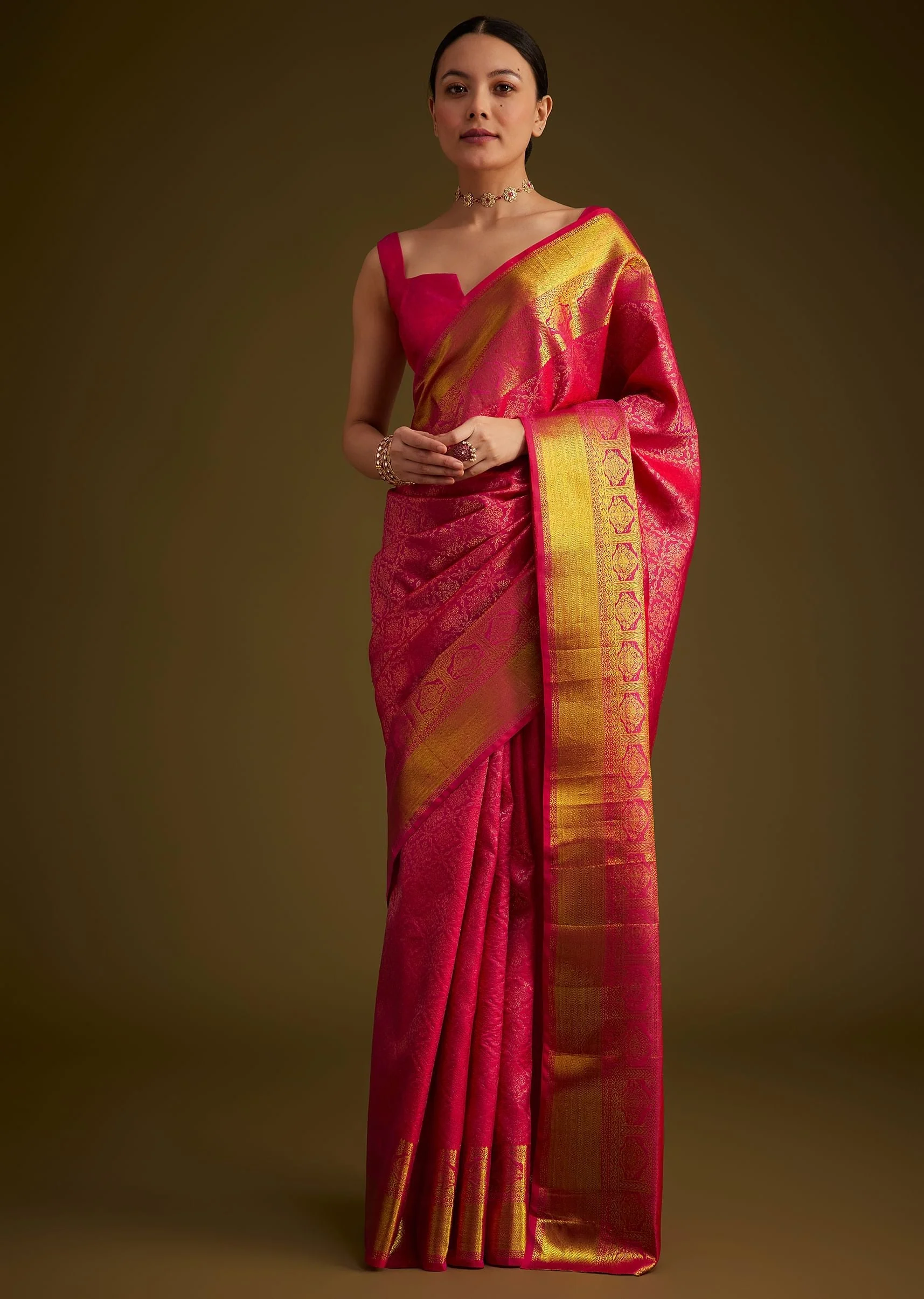 Rani Pink Kanjivaram Silk Saree With Golden Zari Border - Image 2