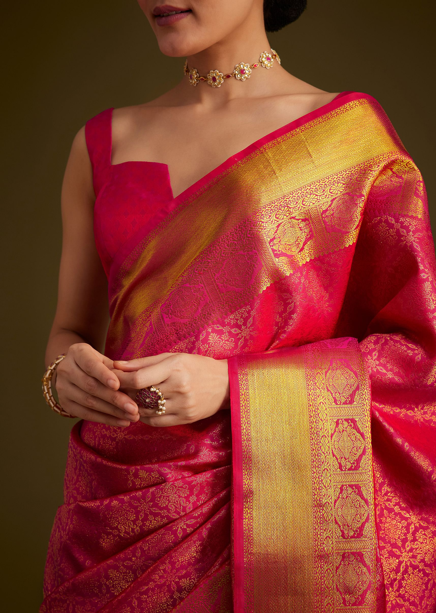 Rani Pink Kanjivaram Silk Saree With Golden Zari Border - Image 3