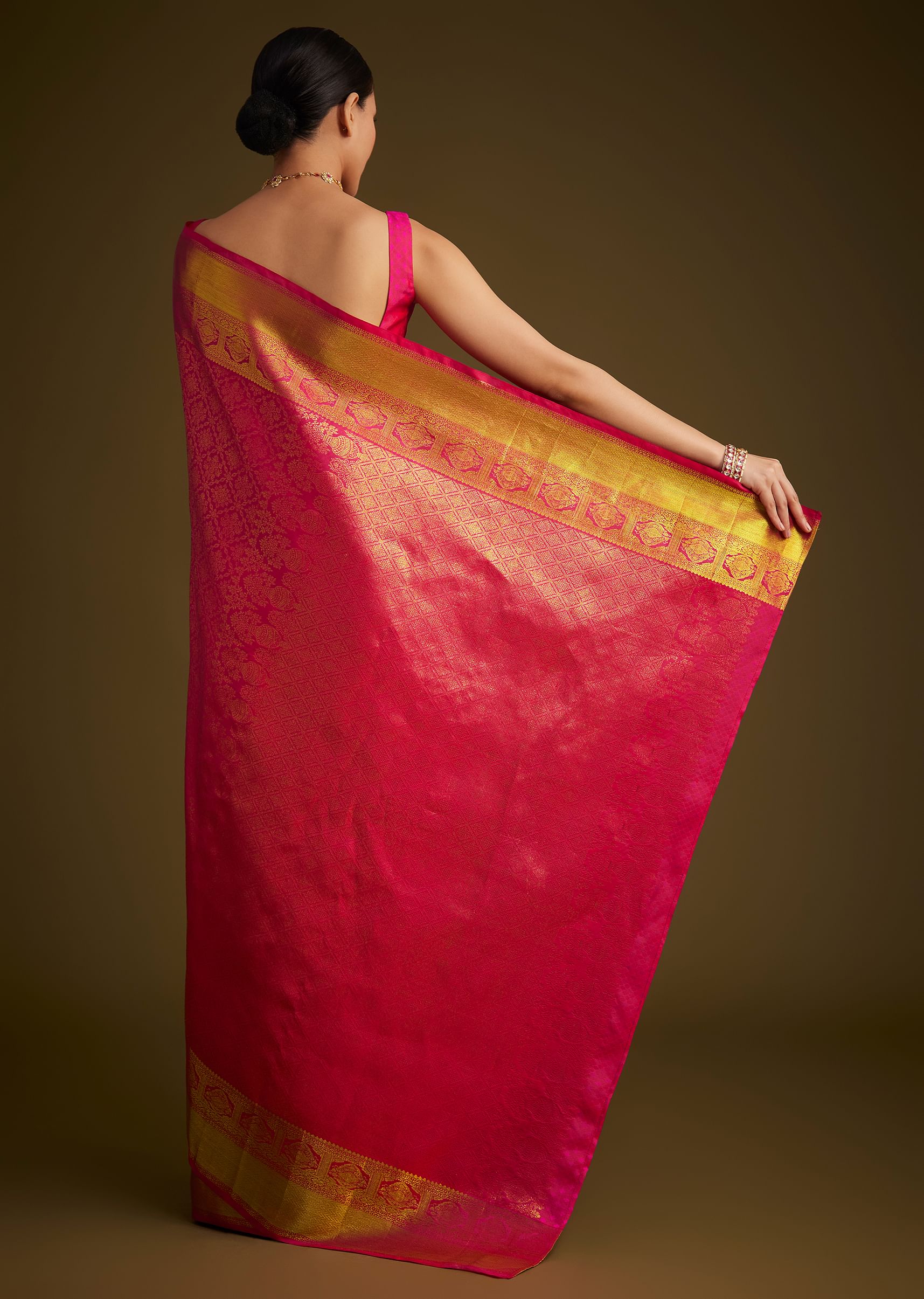 Rani Pink Kanjivaram Silk Saree With Golden Zari Border - Image 4