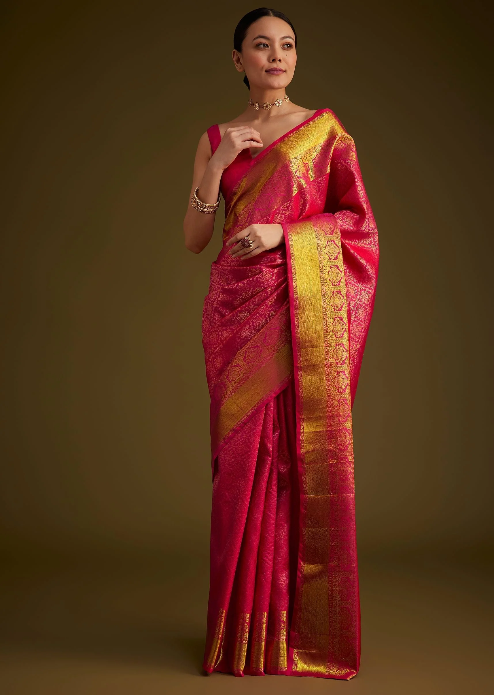 Rani Pink Kanjivaram Silk Saree With Golden Zari Border - Image 5