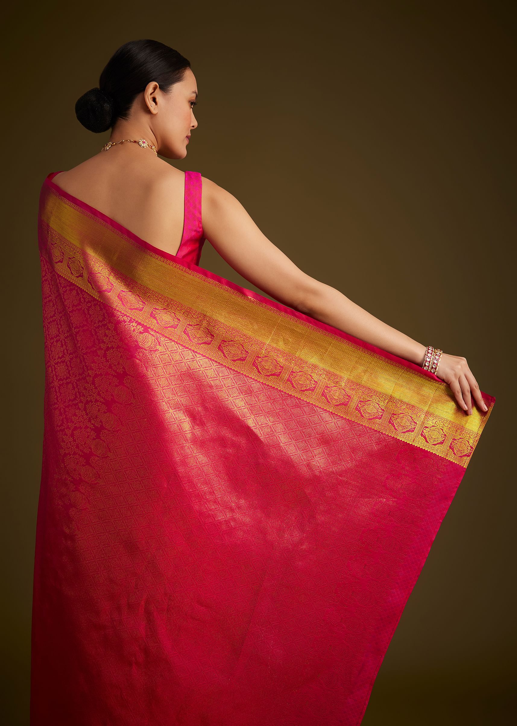 Rani Pink Kanjivaram Silk Saree With Golden Zari Border - Image 6