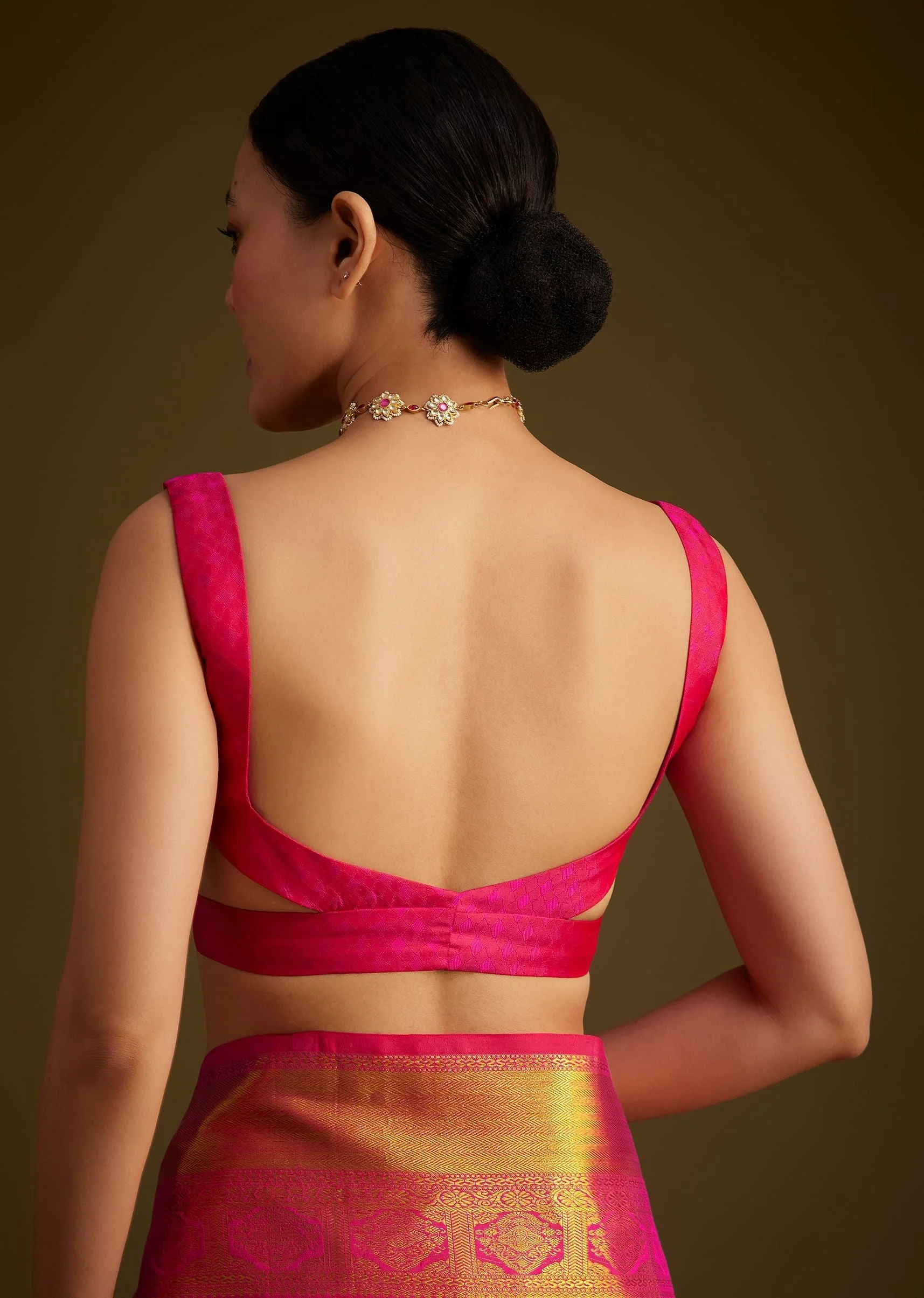 Rani Pink Kanjivaram Silk Saree With Golden Zari Border - Image 8