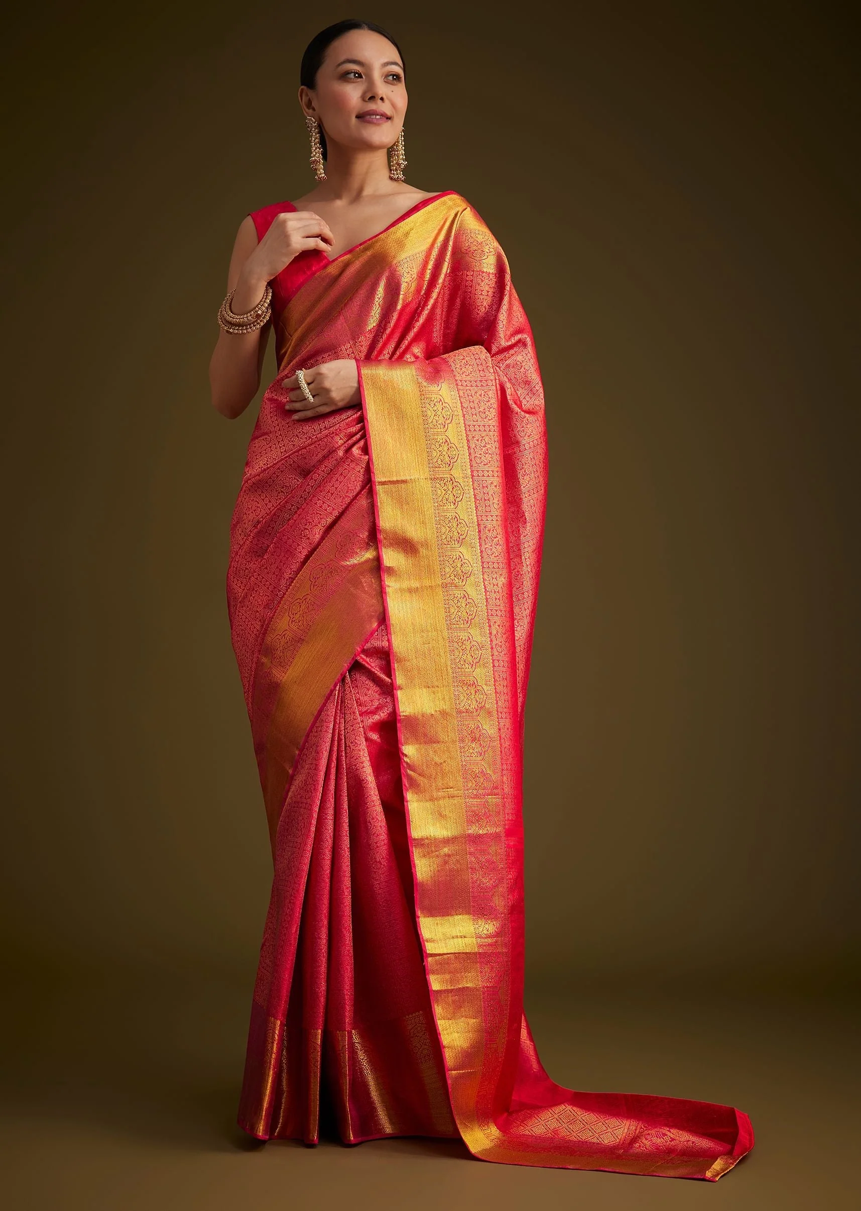Rani Pink Kanjivaram Silk Saree With Golden Zari Detailing - Image 6