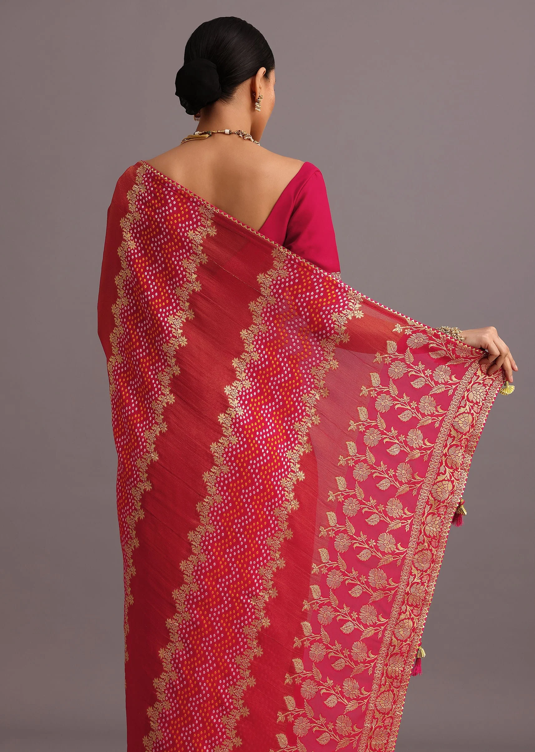 Rani Pink Khaddi Georgette Woven Saree With Gotta Patti Border - Image 6