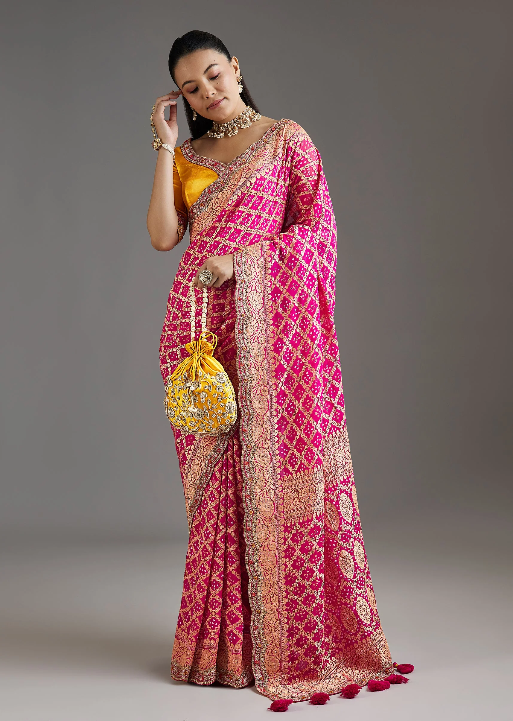 Rani Pink Khadi Georgette Saree With Satin Blouse - Image 3