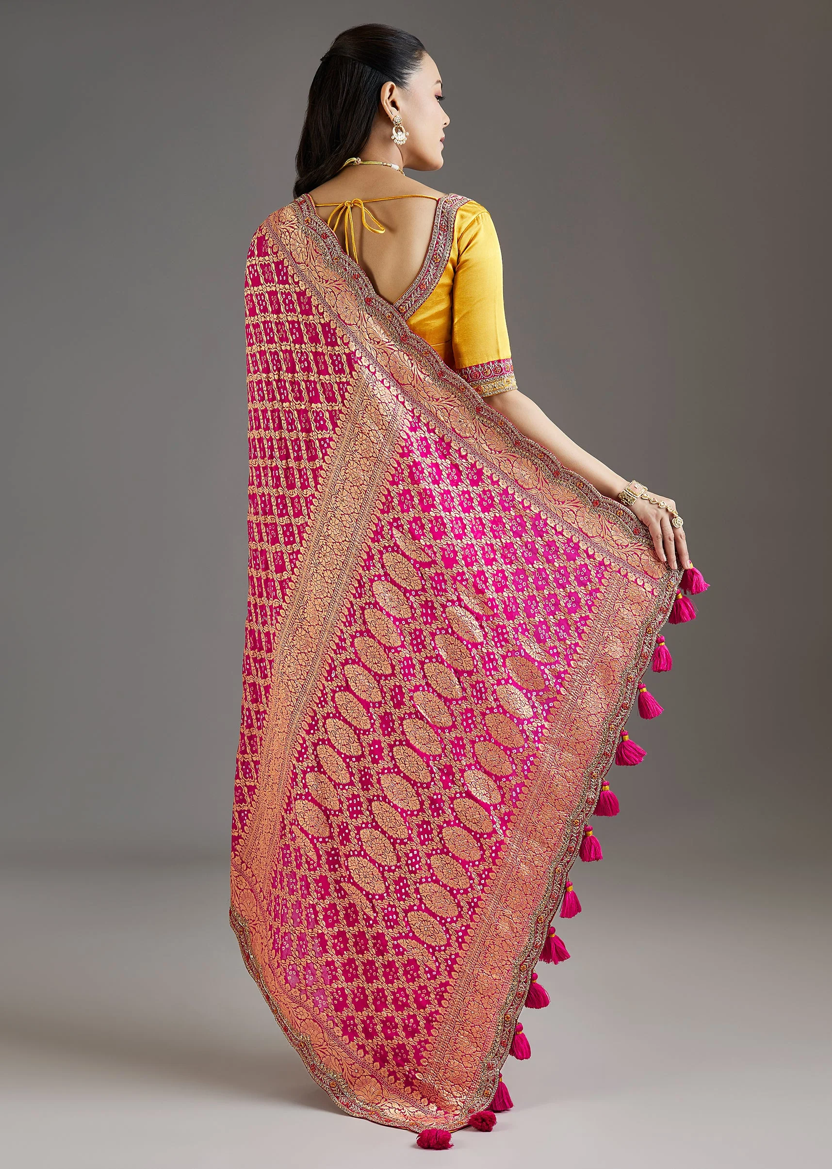 Rani Pink Khadi Georgette Saree With Satin Blouse - Image 4