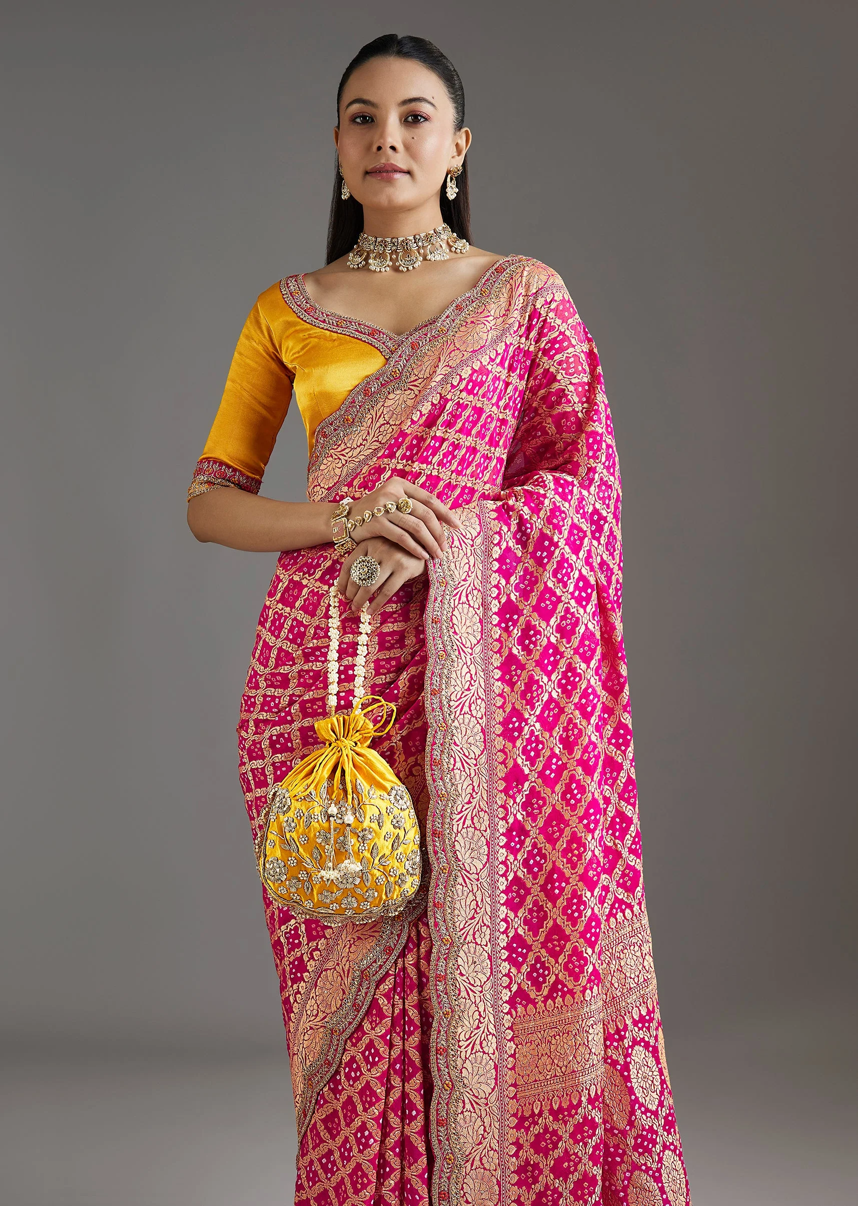 Rani Pink Khadi Georgette Saree With Satin Blouse - Image 5