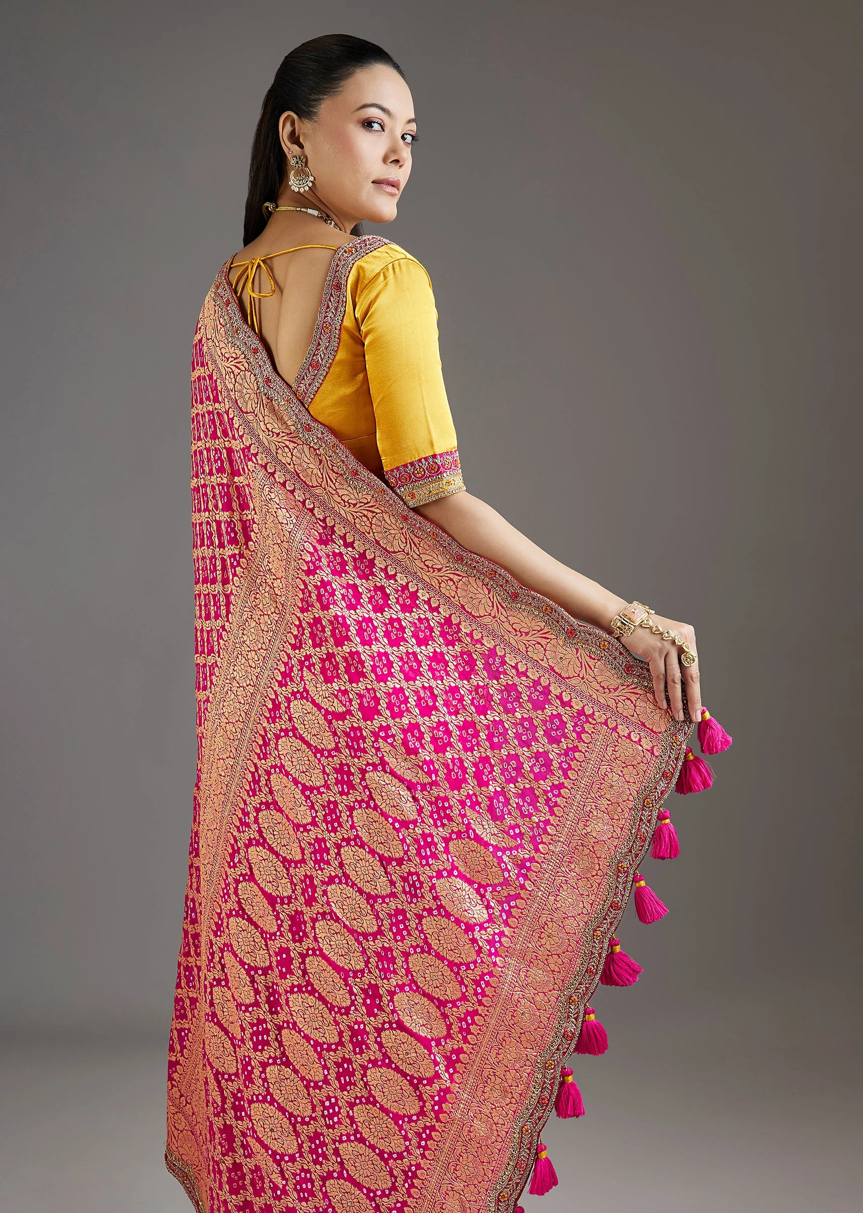 Rani Pink Khadi Georgette Saree With Satin Blouse - Image 6