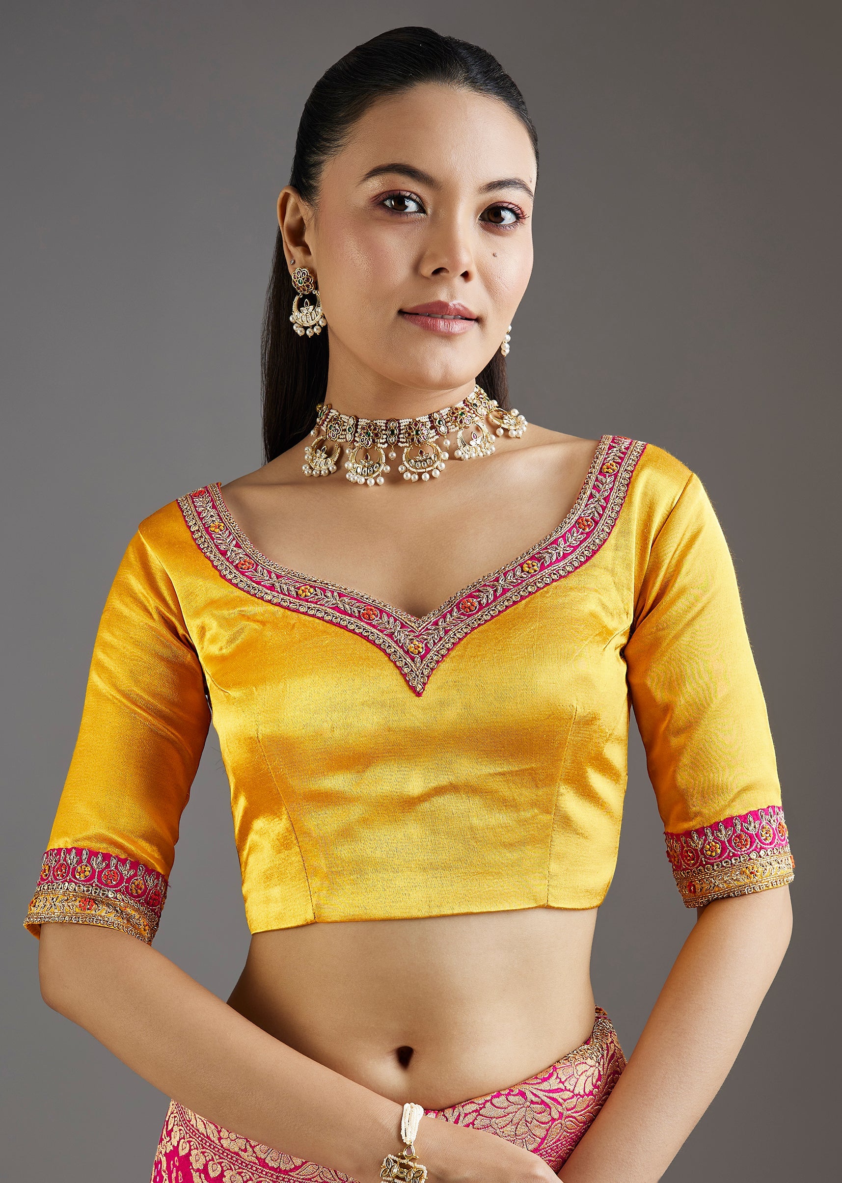 Rani Pink Khadi Georgette Saree With Satin Blouse - Image 7